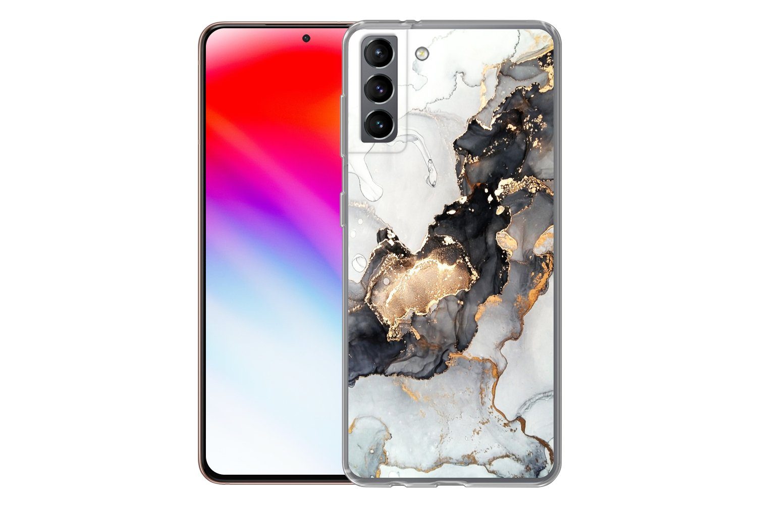 MuchoWow Handyhülle für Samsung Galaxy S21 Plus Marmor - Schwarz - Weiß - Gold - Luxus - A, Phone Case, Silikon, Schutzhülle Dünn