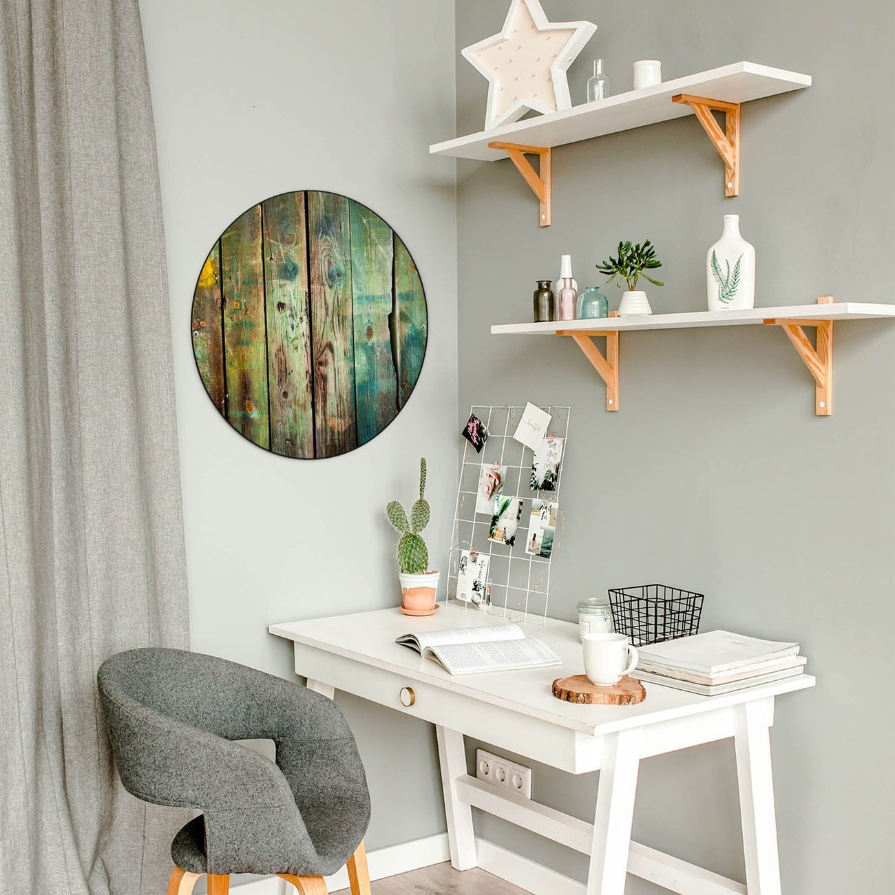 banjado Magnettafel Stahl Rund Grünes Holz, (inkl. 4 Magnete, Runde Stahlmagnettafel)