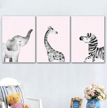 TPFLiving Kunstdruck (OHNE RAHMEN) Poster - Leinwand - Wandbild, Elefant, Giraffe, Zebra - Für Kinderzimmer - Auch im 3er Set (Mädchenzimmer, Babyzimmer, Jungenzimmer, Kindergarten), Farben: Pastel, schwarz, weiß, grau, rosa - Größe: 10x15cm