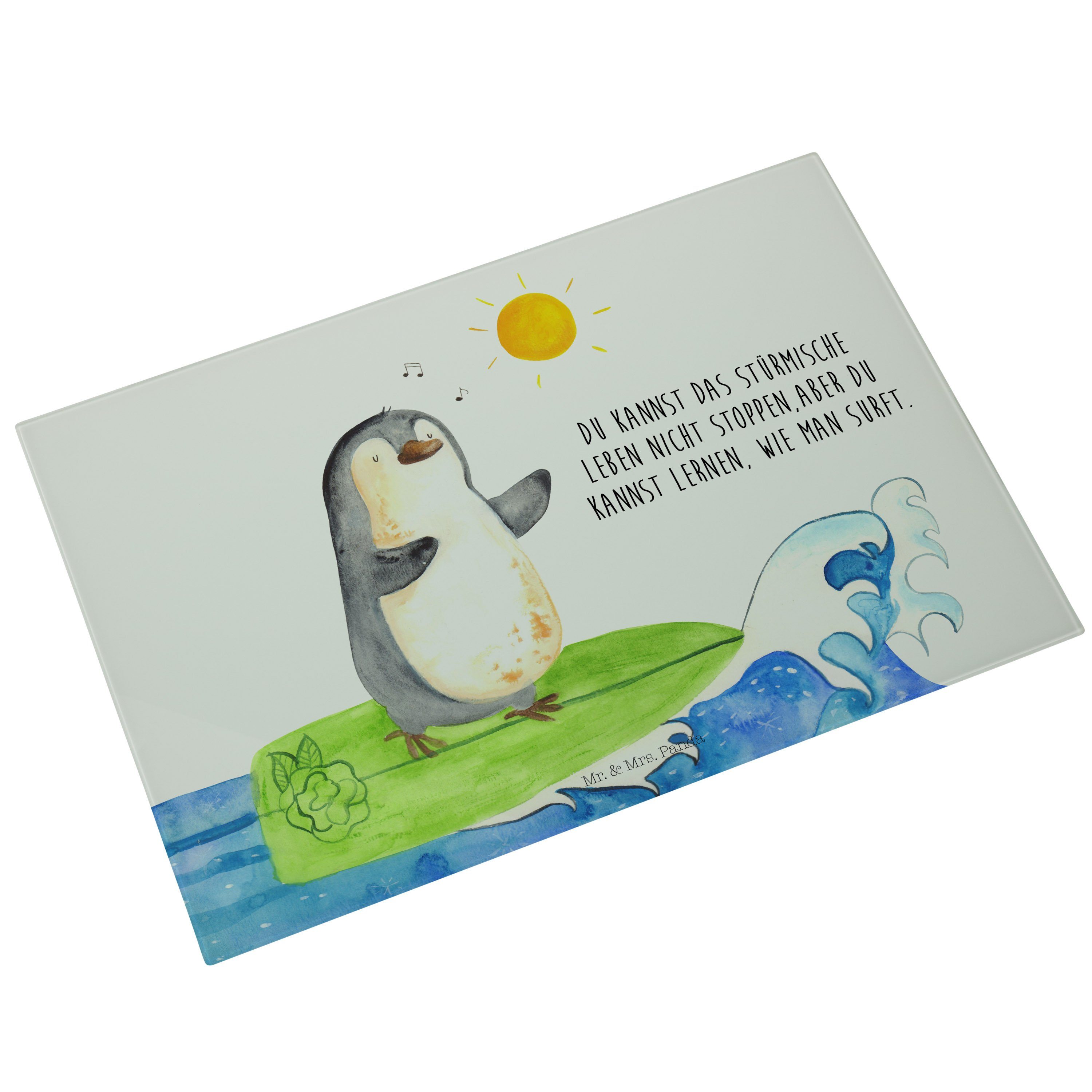 Wellen, Panda & Mr. Mrs. Geschenk, Glasschneidebrett, H, Glas, (1-St) Servierbrett - Küche, Surfer Premium Weiß Pinguin -