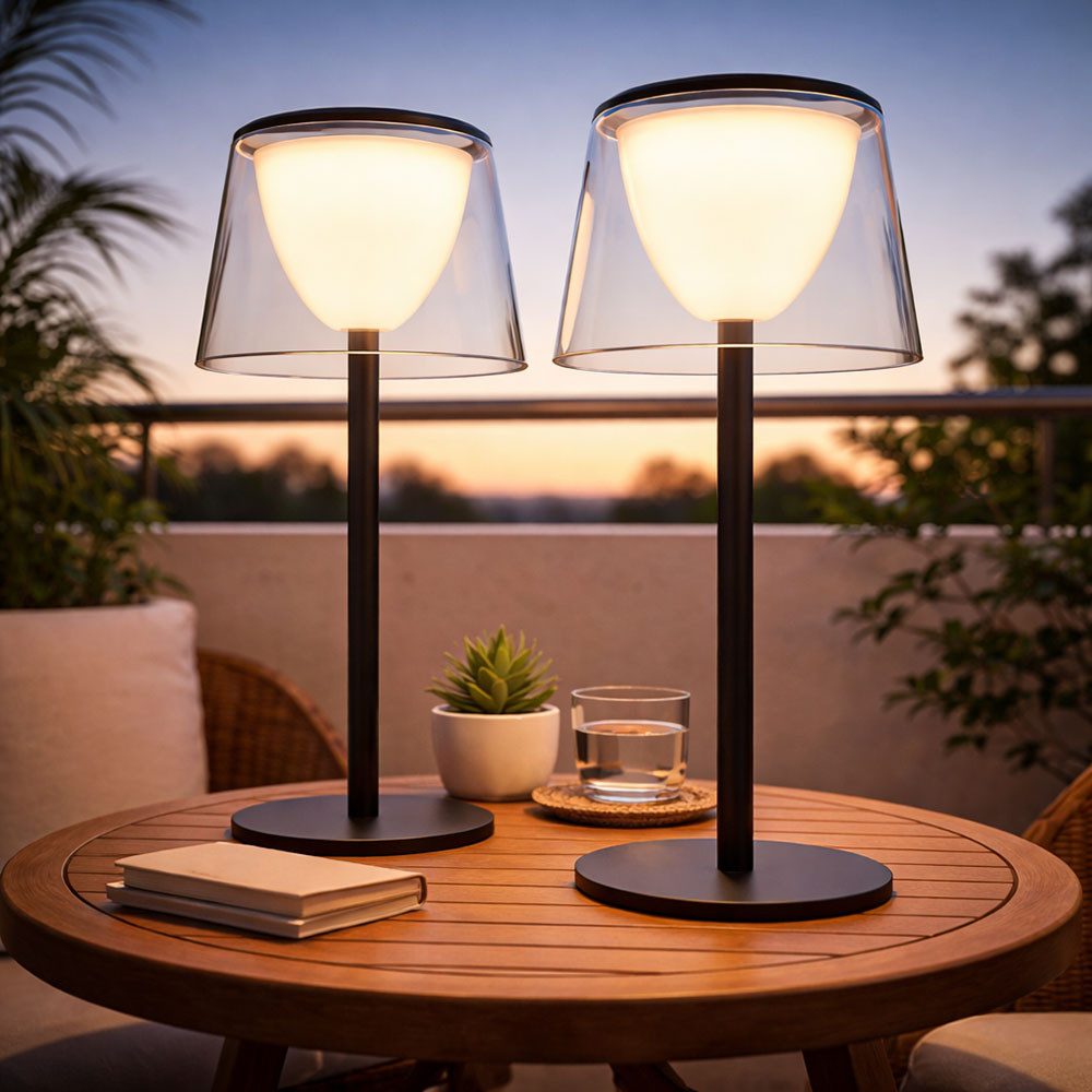 GLOBO LIGHTING LED Außen-Tischleuchte, LED-Leuchtmittel fest verbaut, Warmweiß, 2x Tischleuchte Außenleuchte LED Dimmbar Gartenlampe transparent