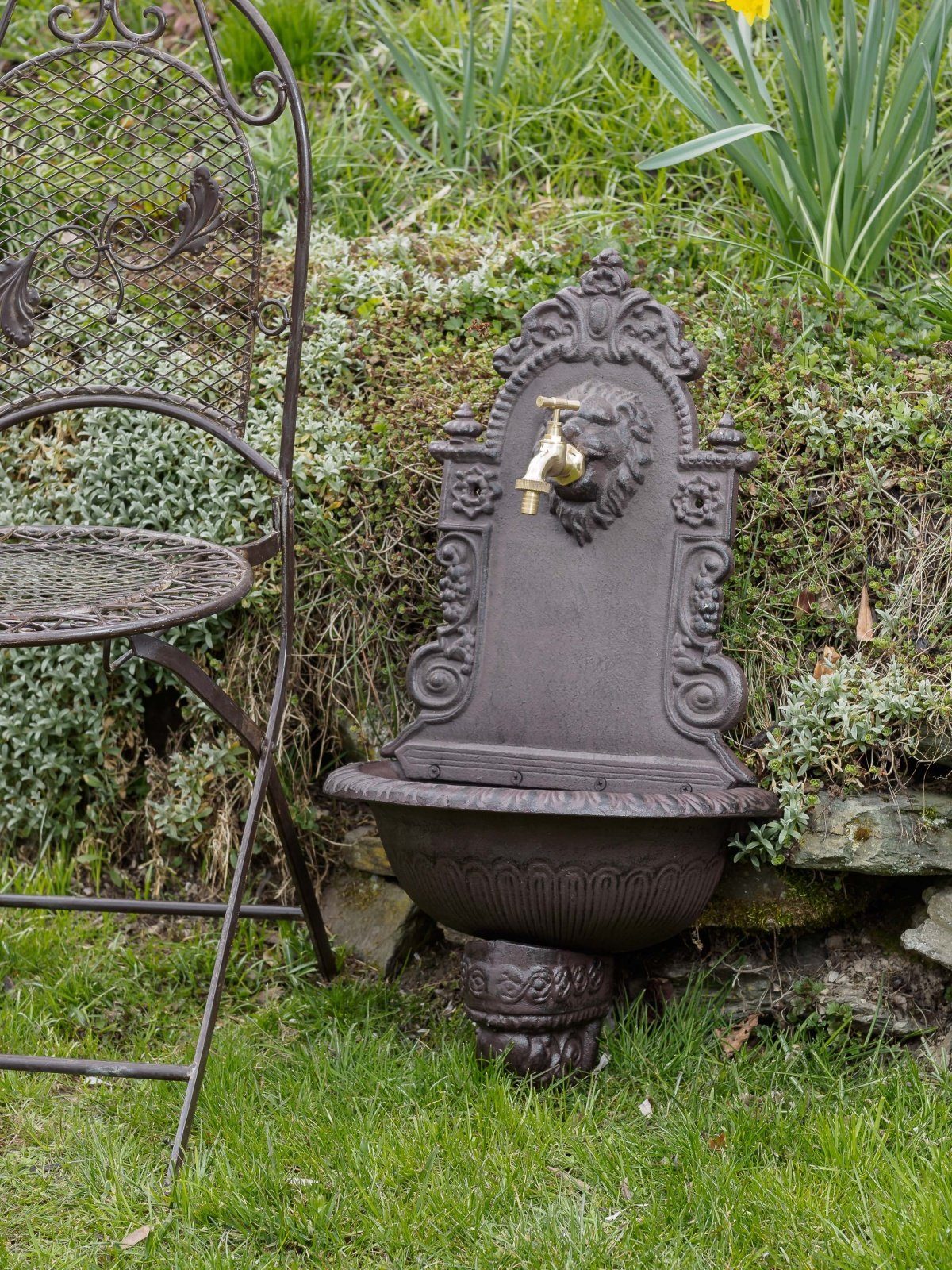 Aubaho Gartenbrunnen Löwe Wandbrunnen Antik-Stil Garten Brunnen Waschbecken Nostalgie Eisen