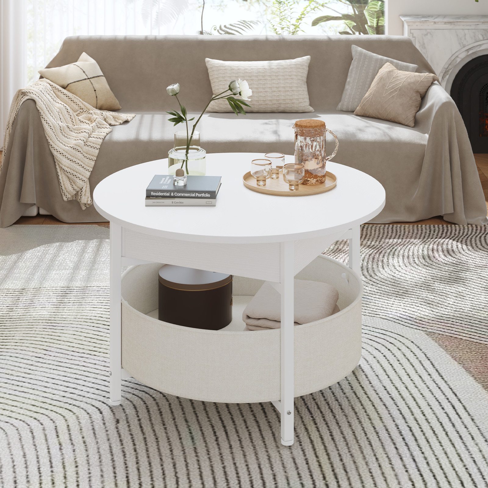 MSMASK Couchtisch Wohnzimmertisch mit Korb aus Stoff, höhenverstellbar (1-St), Rundes Lift-Top-Couchtisch, Beistelltisch, Kaffeetisch, 70x70x50 cm – Bild 4 von 5