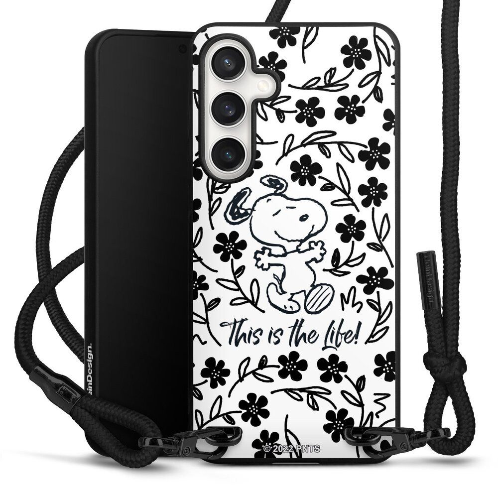 DeinDesign Handyhülle Peanuts Blumen Snoopy Snoopy Black and White This Is The Life, Samsung Galaxy S24 FE 5G Premium Handykette Hülle mit Band