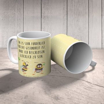 Mr. & Mrs. Panda Tasse Hummeln Kleeblatt - Gelb Pastell - Geschenk, Becher, glücklich werden, Keramik, Einzigartiges Botschaft