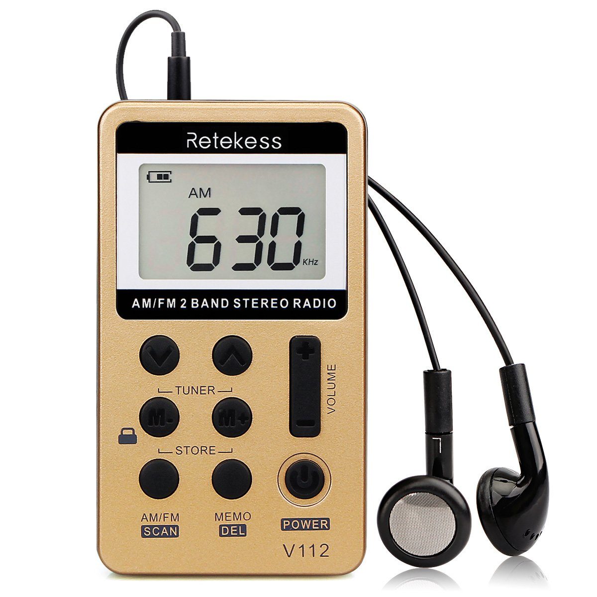 Retekess V112 AM FM Taschenradio mit Kopfhörer Sleeptimer mit Kopfhörer Digitalradio (DAB) (FM / AM 2 Band Stereo Radio, Sperrtaste, Sleeptimer, 500mAh Akku)