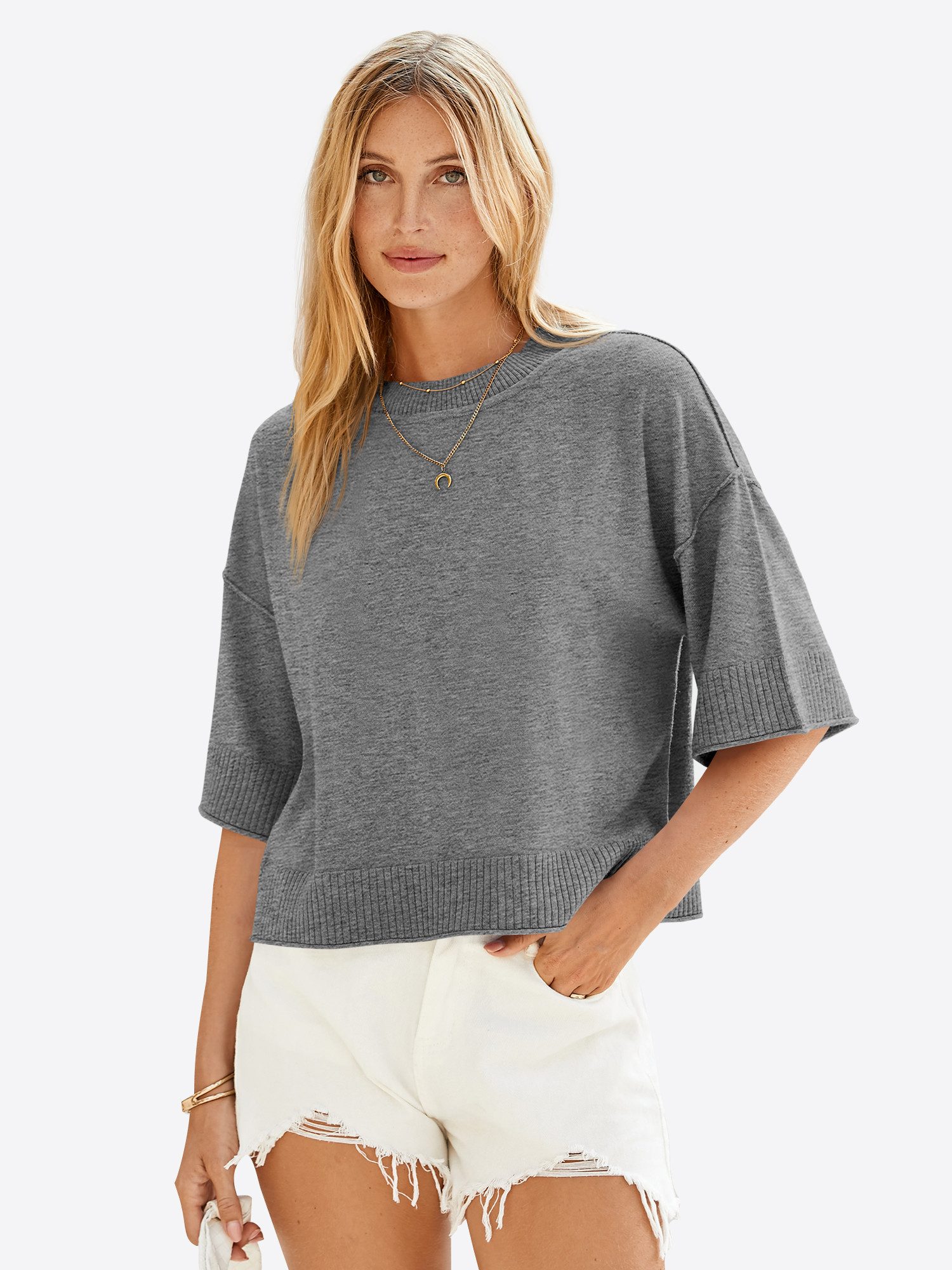 Imily Bela Strickpullover Damen Halbarm Sommer Oversized Cropped Casual Swe günstig online kaufen