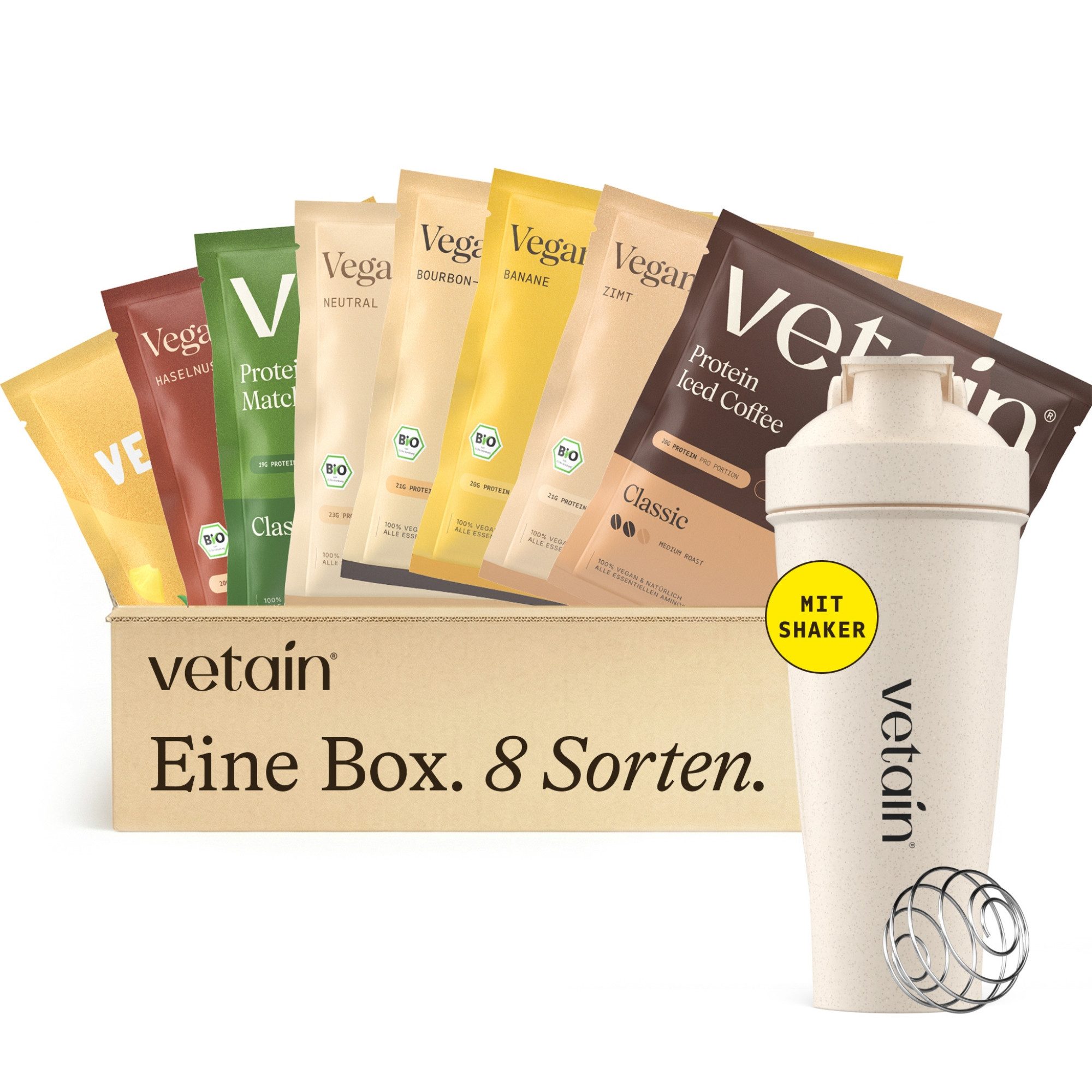 VETAIN Protein Pulver Probierpaket + Shaker - 8 x 30g - 100% Bio & Vegan - Pulver, Fermentiert, frei von raffiniertem Zucker & künstlichen Süßstoffen