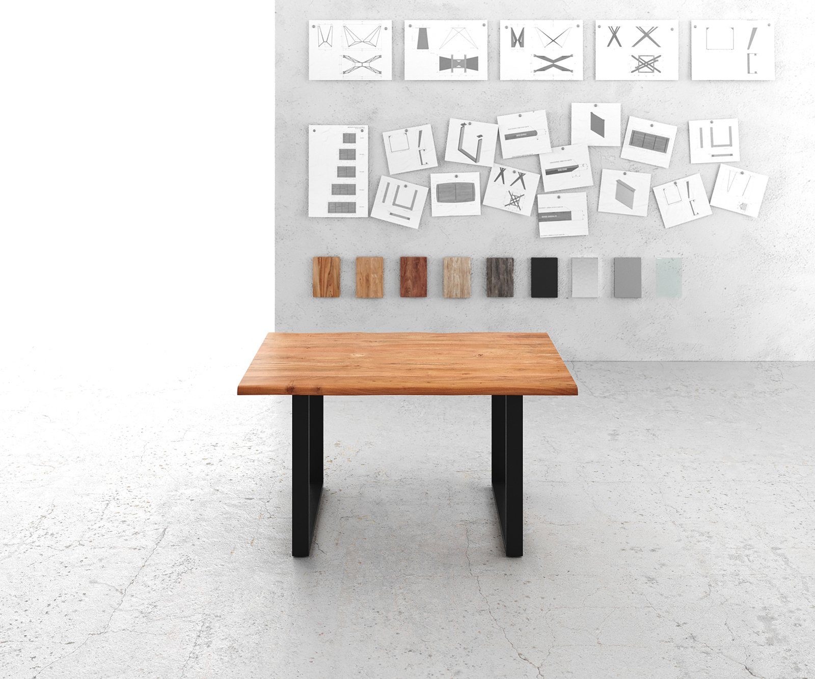 DELIFE Esstisch Edge, Akazie Natur 140x90 Metall Schmal schwarz Live-Edge