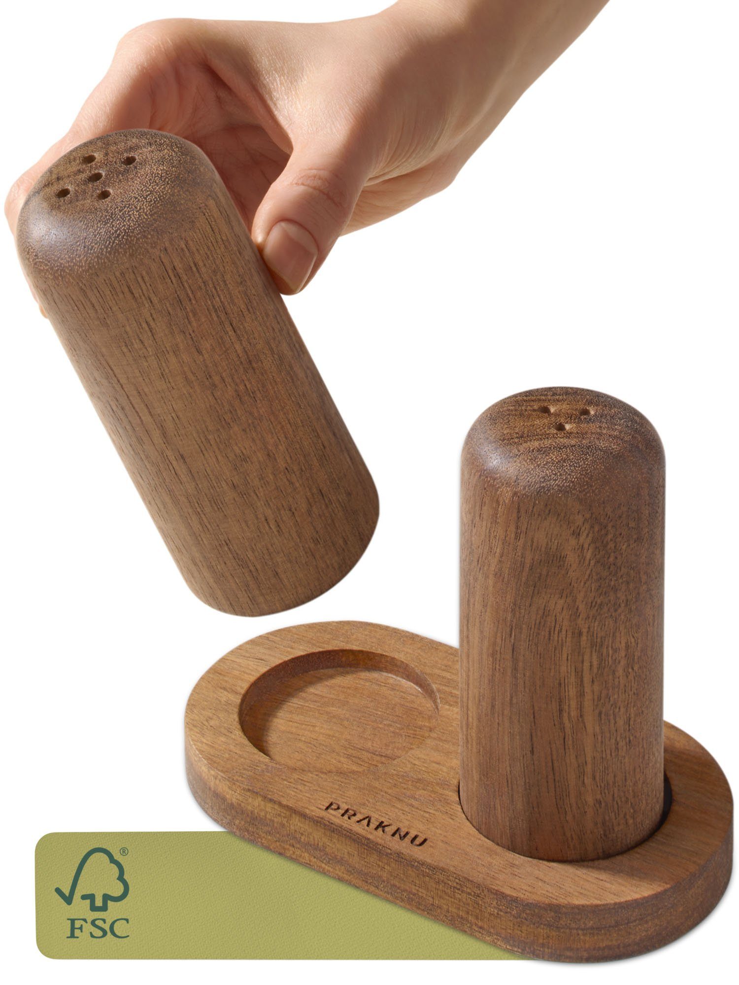 Praknu Salz- / Pfefferstreuer aus Akazienholz mit Untersetzer - Holz Gewürzstreuer - Salt Shaker, (3er Set, 3-tlg), Nachhaltiges FSC Holz - Handgefertigt & Robust - Einfaches Nachfüllen