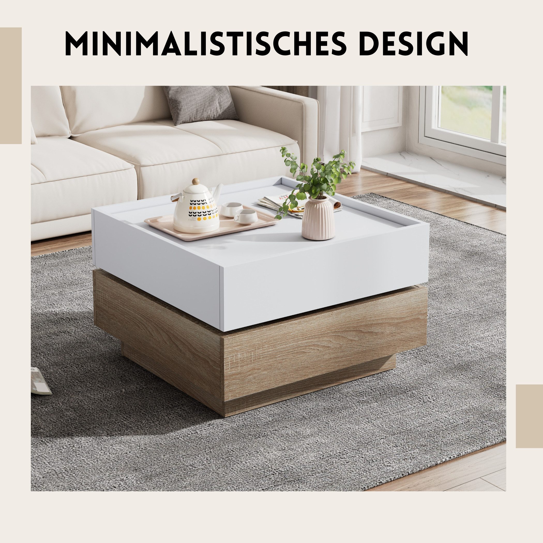 SeedWave Couchtisch Sofatisch, 360° Drehbare Ober-Tischplatte, 2 Grifflosen günstig online kaufen