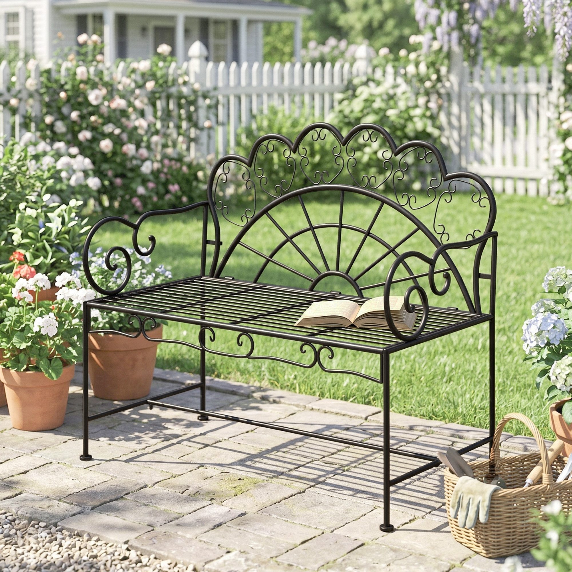 Outsunny Gartenbank Bank Gartenmöbel für Terrasse, Garten, Schwarz (Parkbank, 1-St., Sitzbank), Metall 107cm x 55,5cm x 92cm