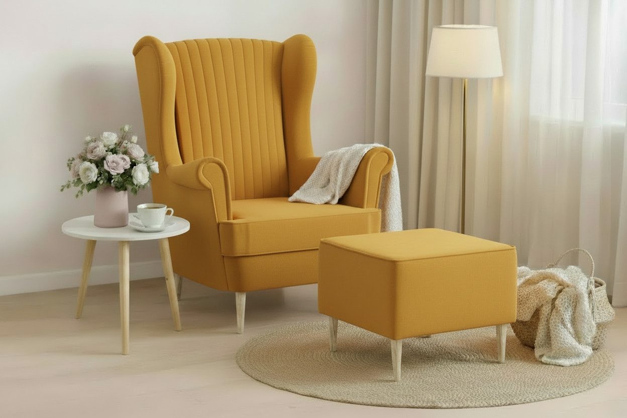 MOEBLO Ohrensessel COMFY SESSEL mit oder ohne Hocker (Polstersessel aus Samtstoff Wohnzimmersessel mit/ohne Hocker Ohrenbacksessel), Sessel mit optionalem Hocker