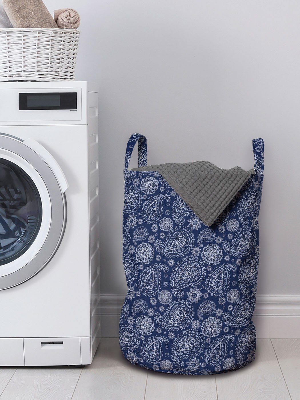 Waschsalons, Abakuhaus Motive blau Wäschekorb Griffen Wäschesäckchen mit Paisley Stil Sketch Kordelzugverschluss für