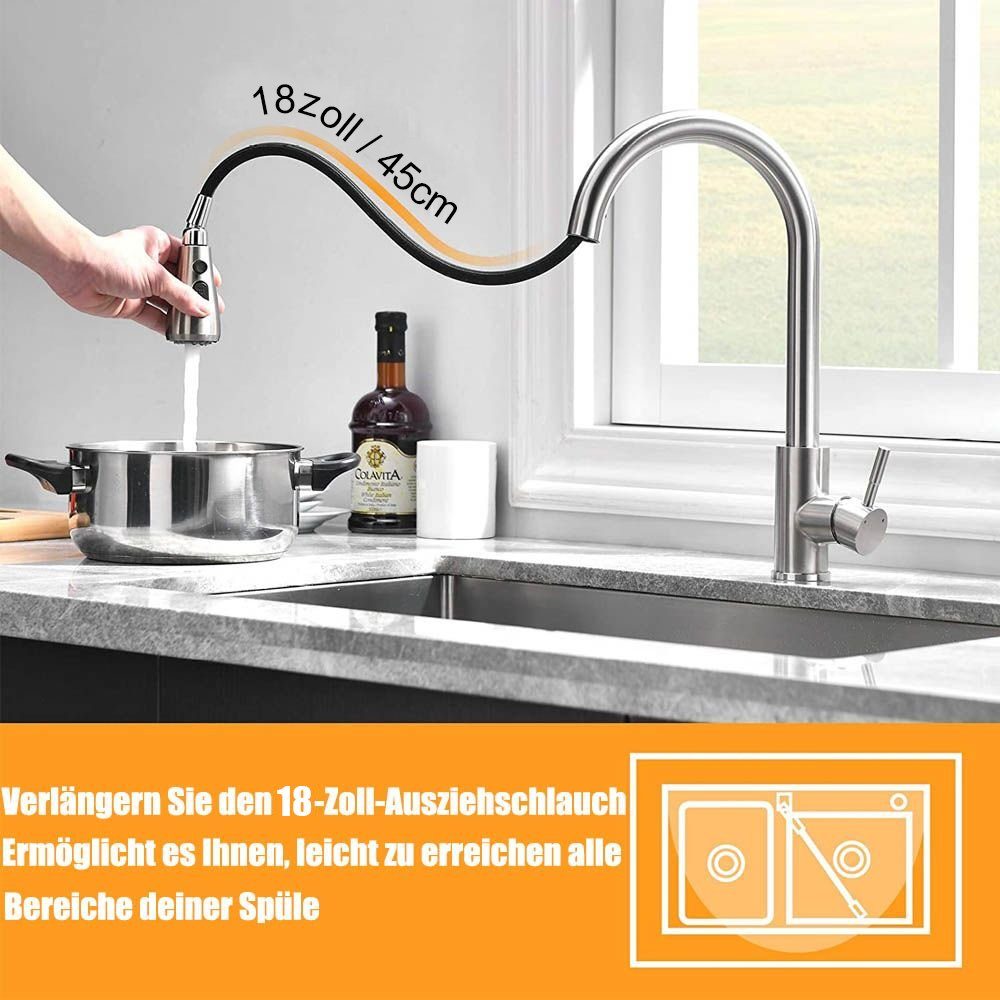 XIIW Spültischarmatur Wasserhahn Einhebel-Küchenarmatur Armatur 3 Niederdruck Strahlarten ausziehbar 360°drehbar (mit Spültisch Spültischarmatur)