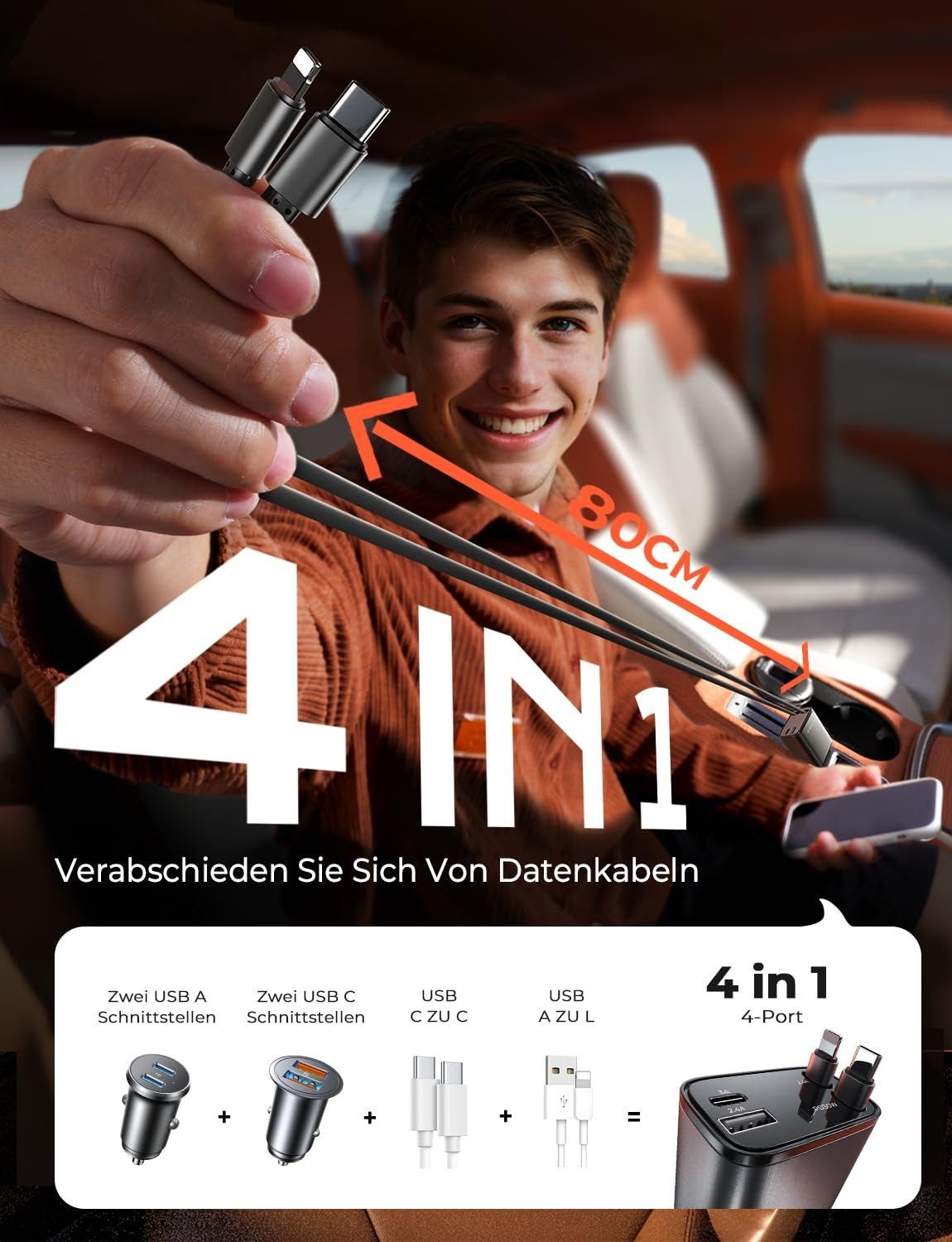 ibettertec Zigarettenanzünder USB C Auto Ladegerät USB-Ladegerät (Handy Schnellladegerät USB Zigarettenanzünder Adapter Kompatibel mit iPhone 16/16 Pro Max/15/14/13/12/11/AirPods/Galaxy S24/S23/S22/Google Pixel9/8/7)