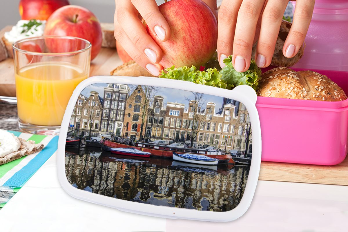 MuchoWow Lunchbox Ein rotes Brotbox Kunststoff Mädchen, der (2-tlg), für Brotdose Amsterdam, Kinder, rosa Hausboot von Gracht Snackbox, in Kunststoff, Erwachsene