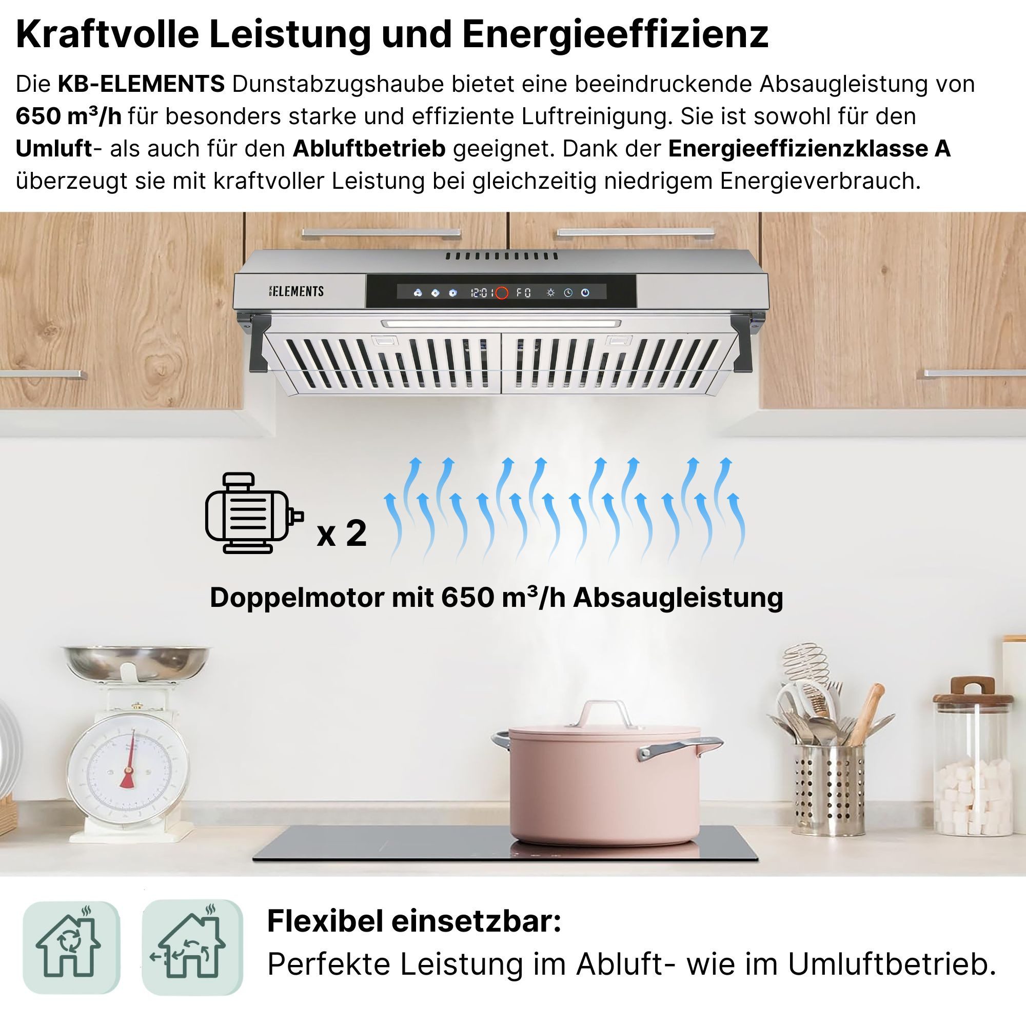 KB Elements Unterbauhaube Doppelter motor 2 x 80 Watt, 650 m³/h Absaugleistung Doppelter motor 2 x 80 Watt, 650 m³/h Absaugleistung, Doppelter motor, Touch / Gestensteuerung