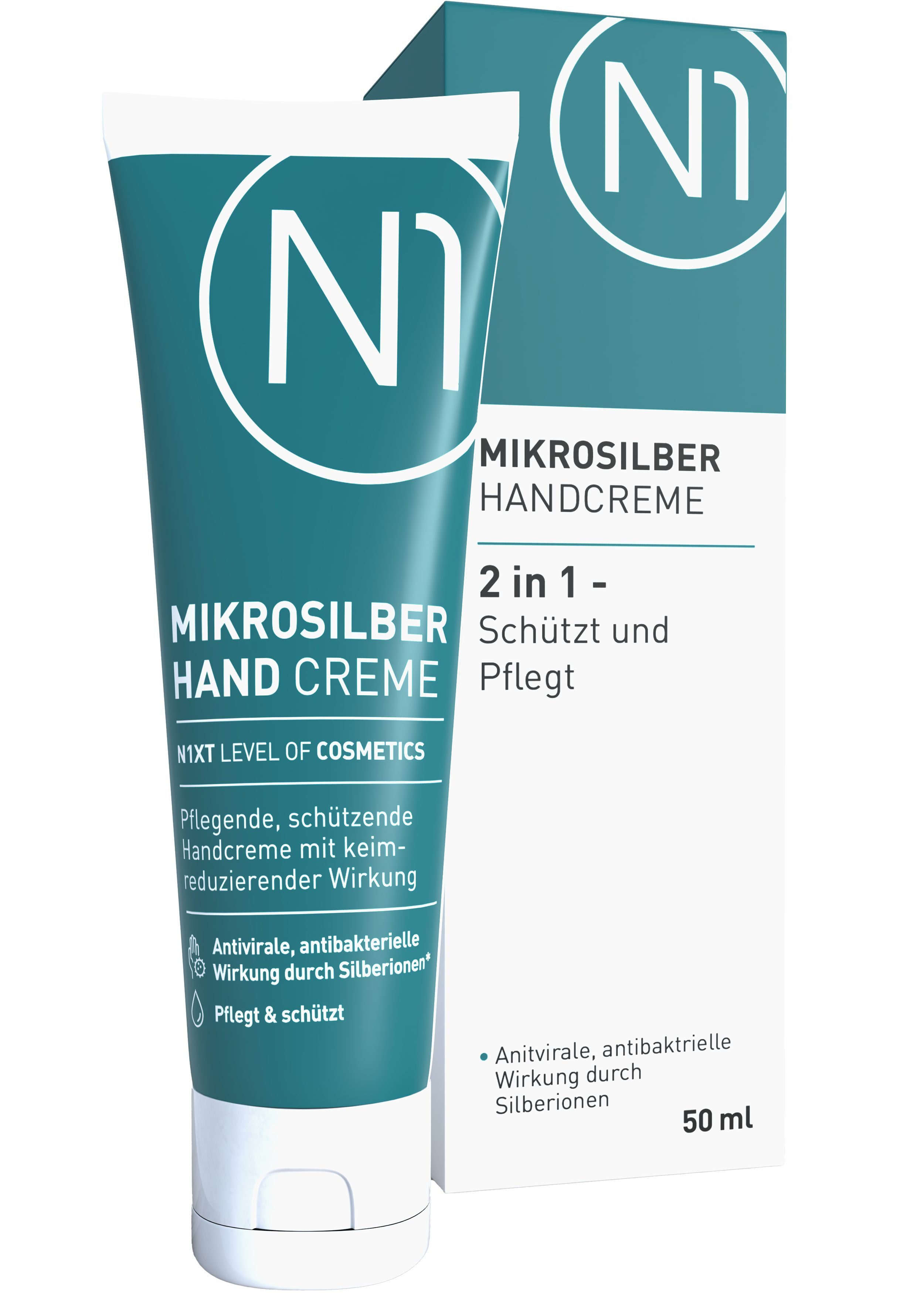 N1 Healthcare Handcreme N1 Mikrosilber Handcreme, 50ml, Desinfiziert und pflegt die Haut gleichzeitig.