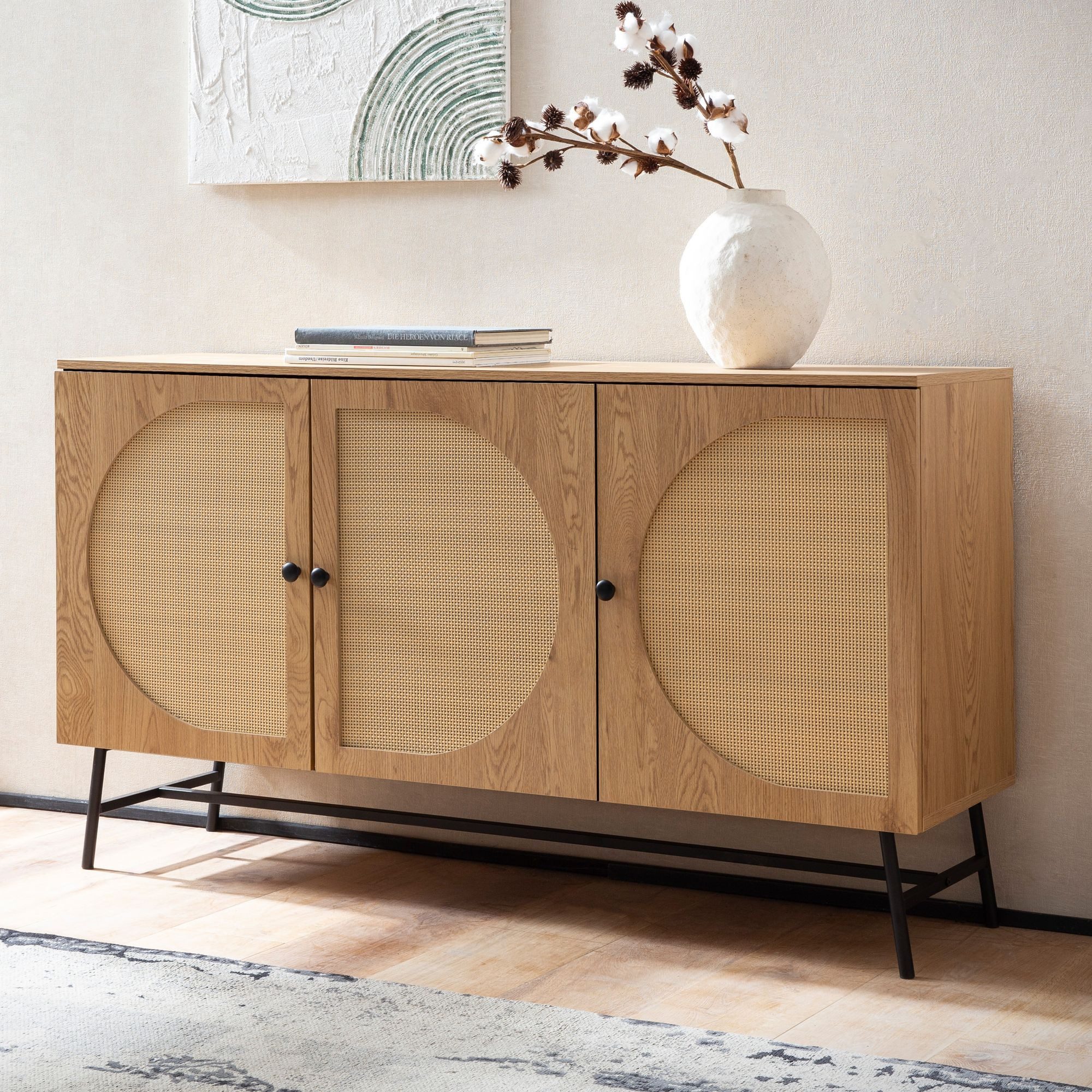 furnicato Sideboard Geflecht 140x80x39 cm Braun (1 St), Höhenverstellbare Einlegeböden Anrichte mit 6 Stauraumfächern