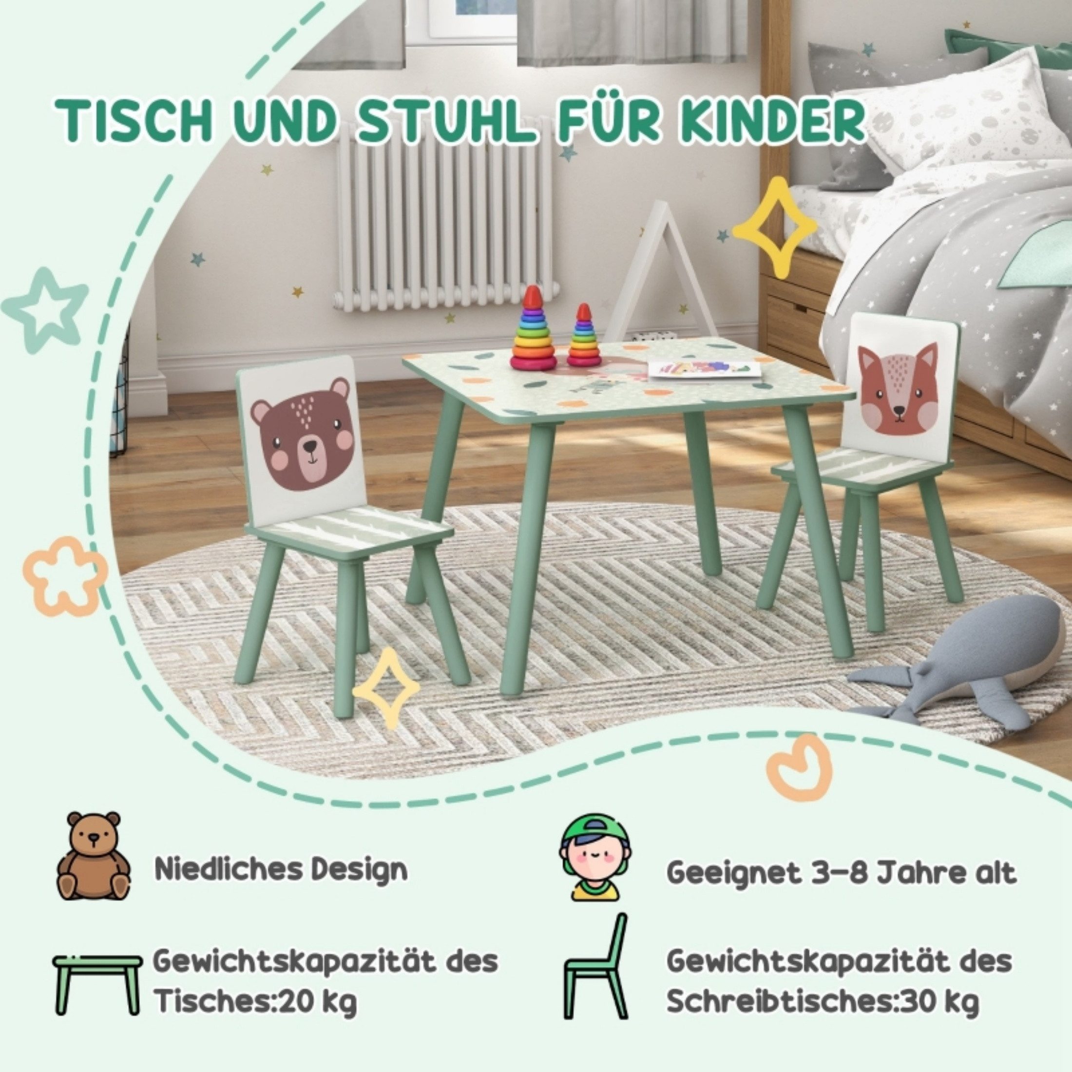 autolock Kindersitzgruppe Kindertisch mit 2 Stühlen, niedliches Tiermotiv, (1 Tisch & 2 Stühlen), Kindergarnitur für Kinder 3-8 Jahre, Grün