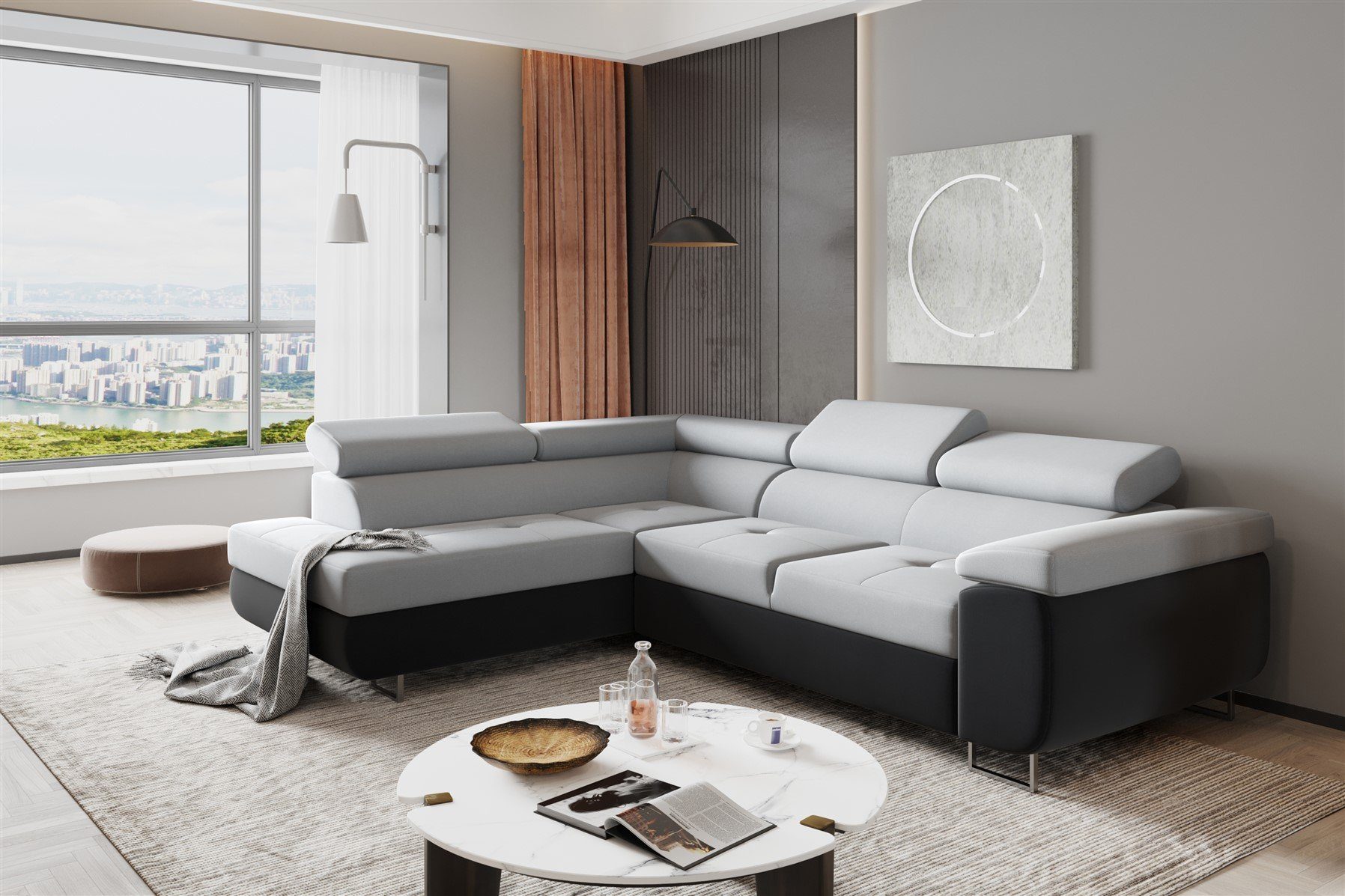 Fun Möbel Ecksofa Couchgarnitur JADE Stoff Anthrazit-Hellgrau Schlaffunktion Ottomane, 1 Teile, mit Schlaffunktion