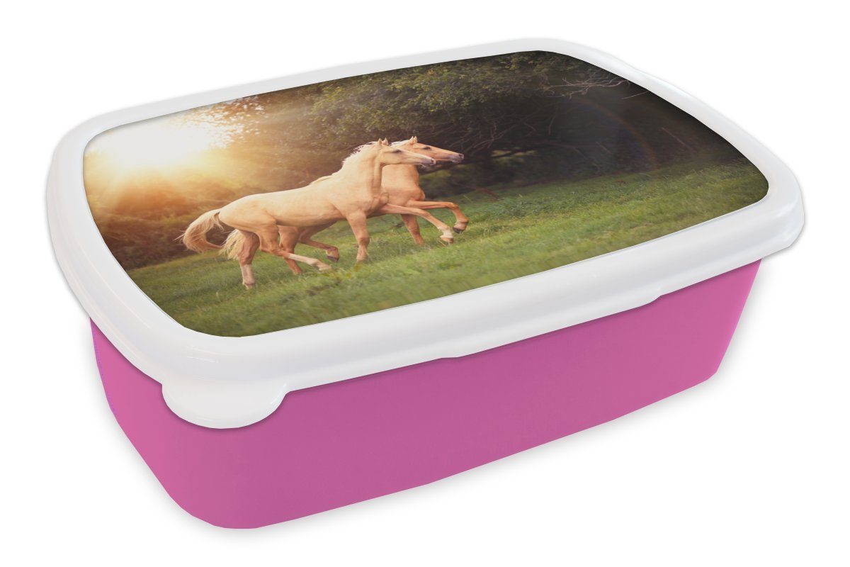 Mädchen, Lunchbox Kinder, Erwachsene, MuchoWow - Kunststoff Brotbox Sonne, Kunststoff, - für Snackbox, rosa Wald Pferde (2-tlg), Brotdose