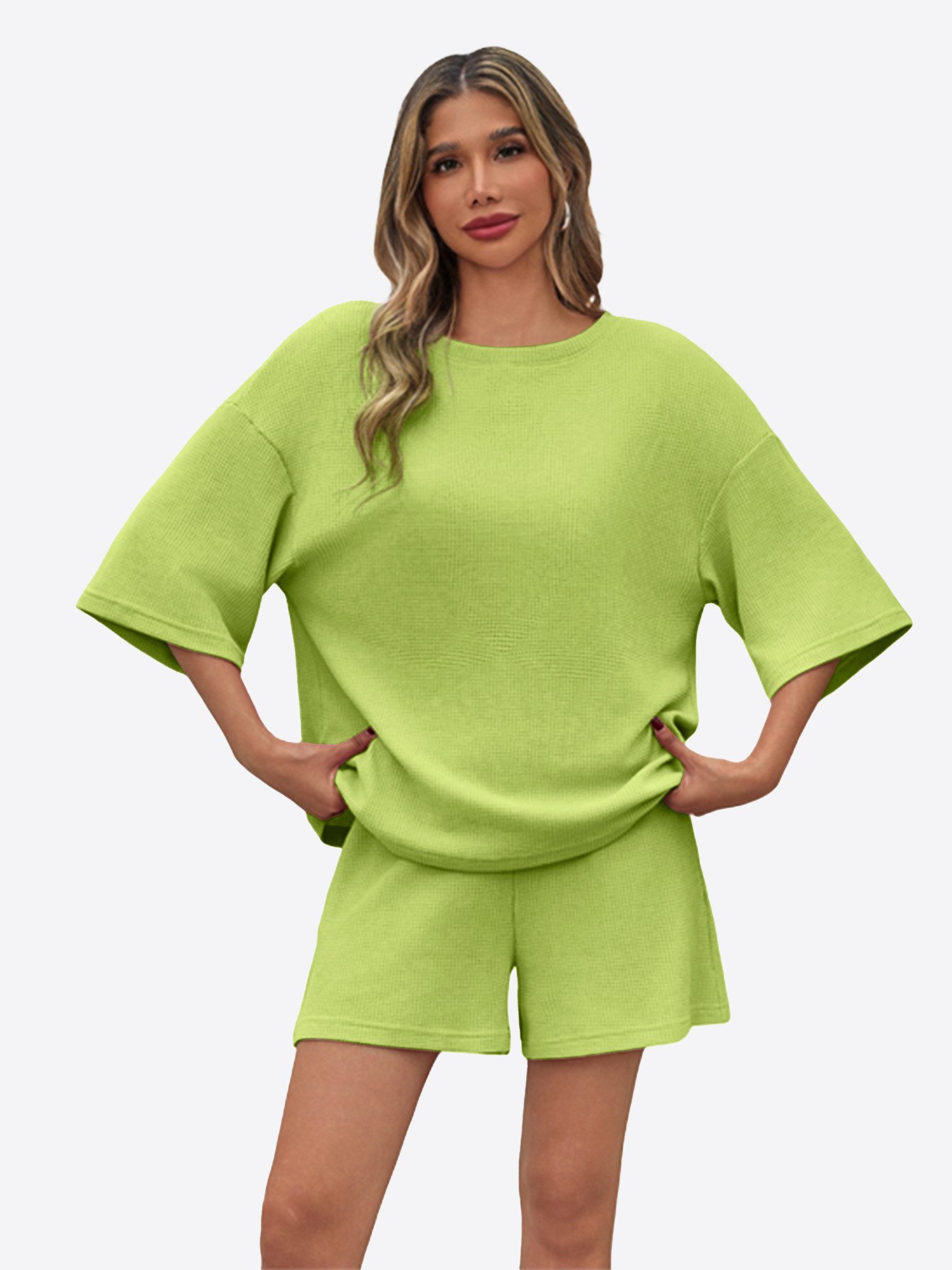 Imily Bela Hausanzug Damen 2-teiliger Freizeitanzug (Set, 2 tlg., 3/4-Arm Bluse + Shorts) in Unifarbe