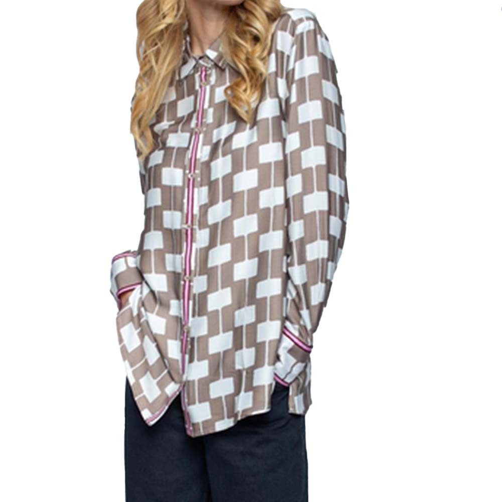 Langarmbluse white taupe geometri