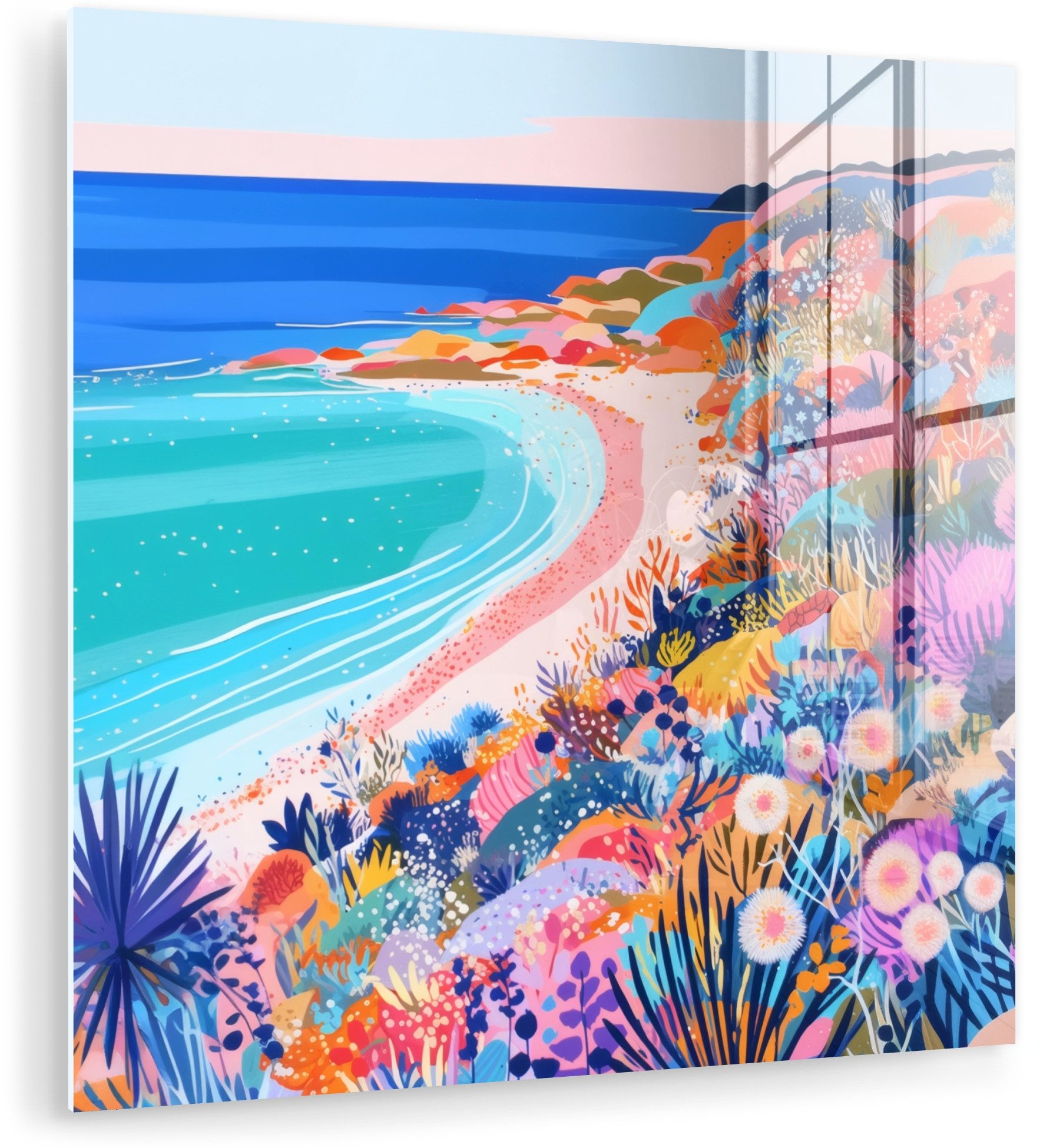 MuchoWow Acrylglasbild Blumenwiese - Meer - Sommer, Inkl. Aufhängung, Bilder auf Glas Wandbild, Wanddeko Wohnzimmer Badezimmer, 20x20 cm