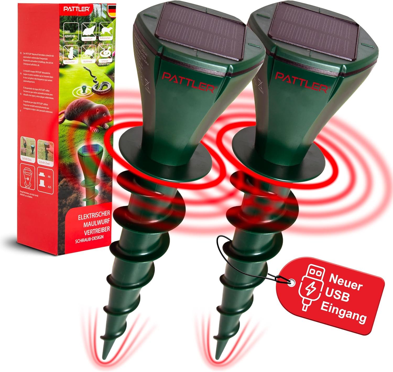 Pattler Ultraschall-Tierabwehr Maulwurf Vertreiber - Effektiv Maulwurf vertreiben auf ca. 800m², 2-tlg., innovatives Schraubdesign erhöht Effektivität, Flexible Verwendung durch Solarmodul