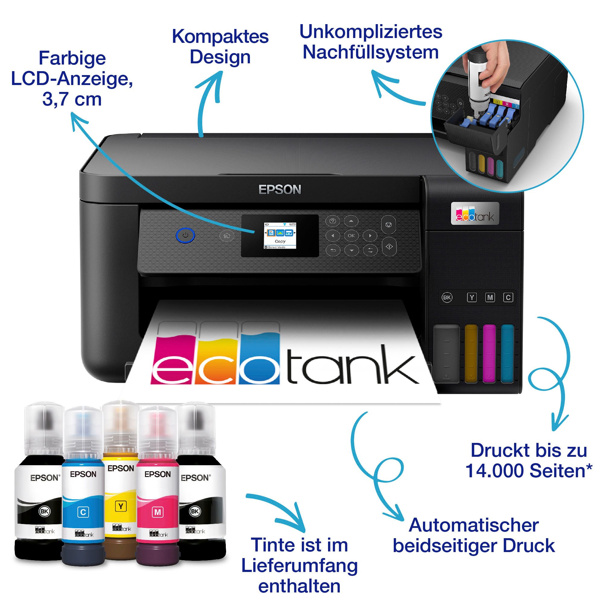 Epson EcoTank ET-2850 Tintenstrahldrucker, (WLAN (Wi-Fi), Wi-Fi Direct)