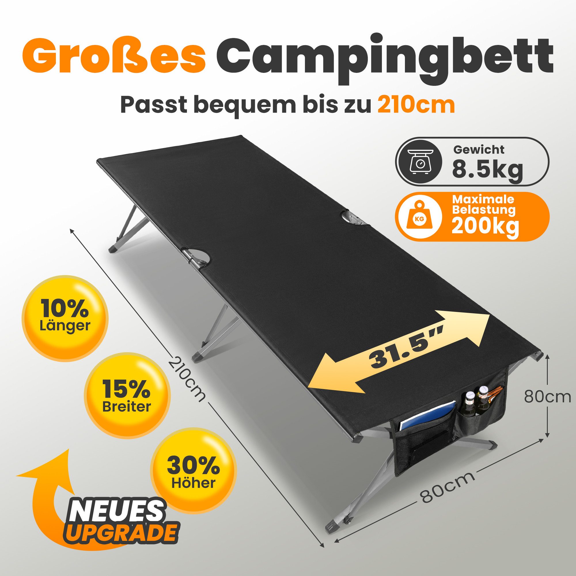 HOMECALL Feldbett Klappbar Campingbett Klappbett karpfenliege XXXL Campingliege (Leicht aufzubauende Schlafbetten für den Außenbereich, 200KG)