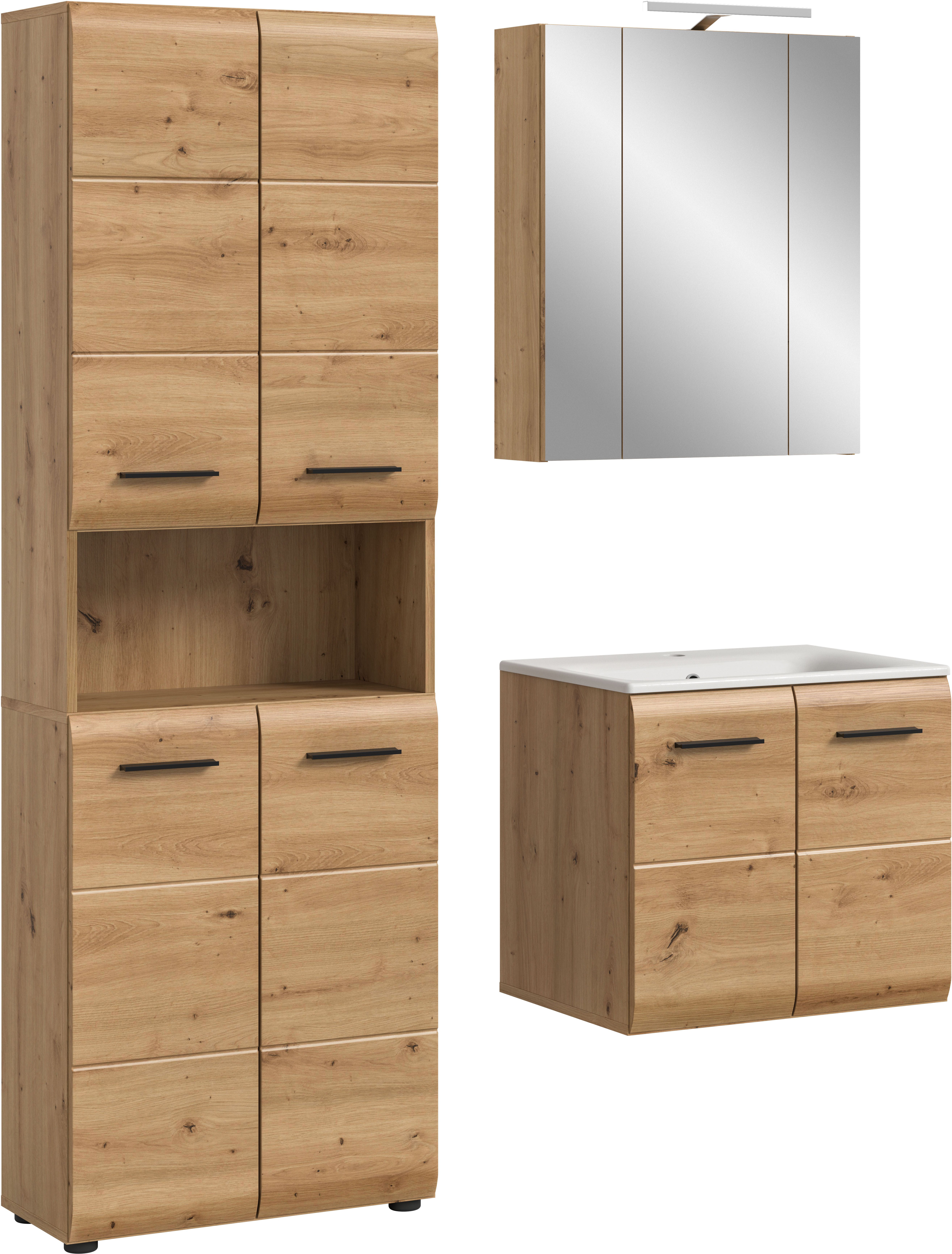 welltime Badezimmer-Set, (Set, 5-St., Hochschrank, Spiegelschr. inkl. Bel., Waschtisch inkl. Waschbecken), Bad-Kombination, Bad-Möbel, Badezimmer, Kombination, Kombi