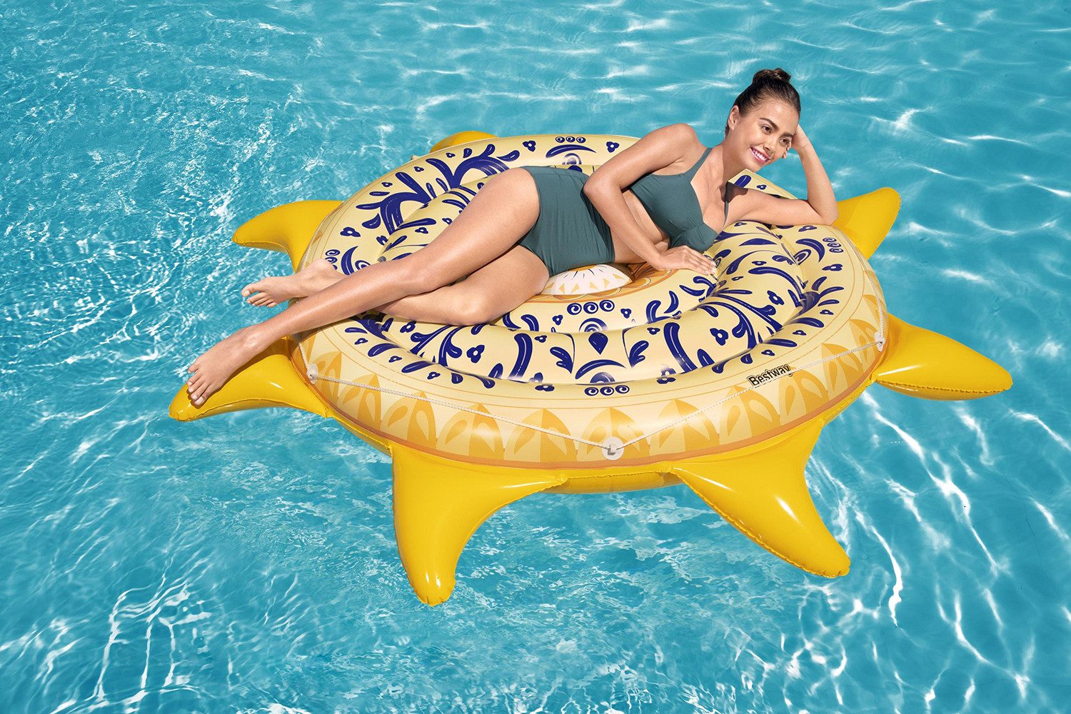 Bestway Badeinsel Mediterrane Sonne, (Packung, 1-St., Inkl. Getränkehalter), Ø 207 x 22 cm