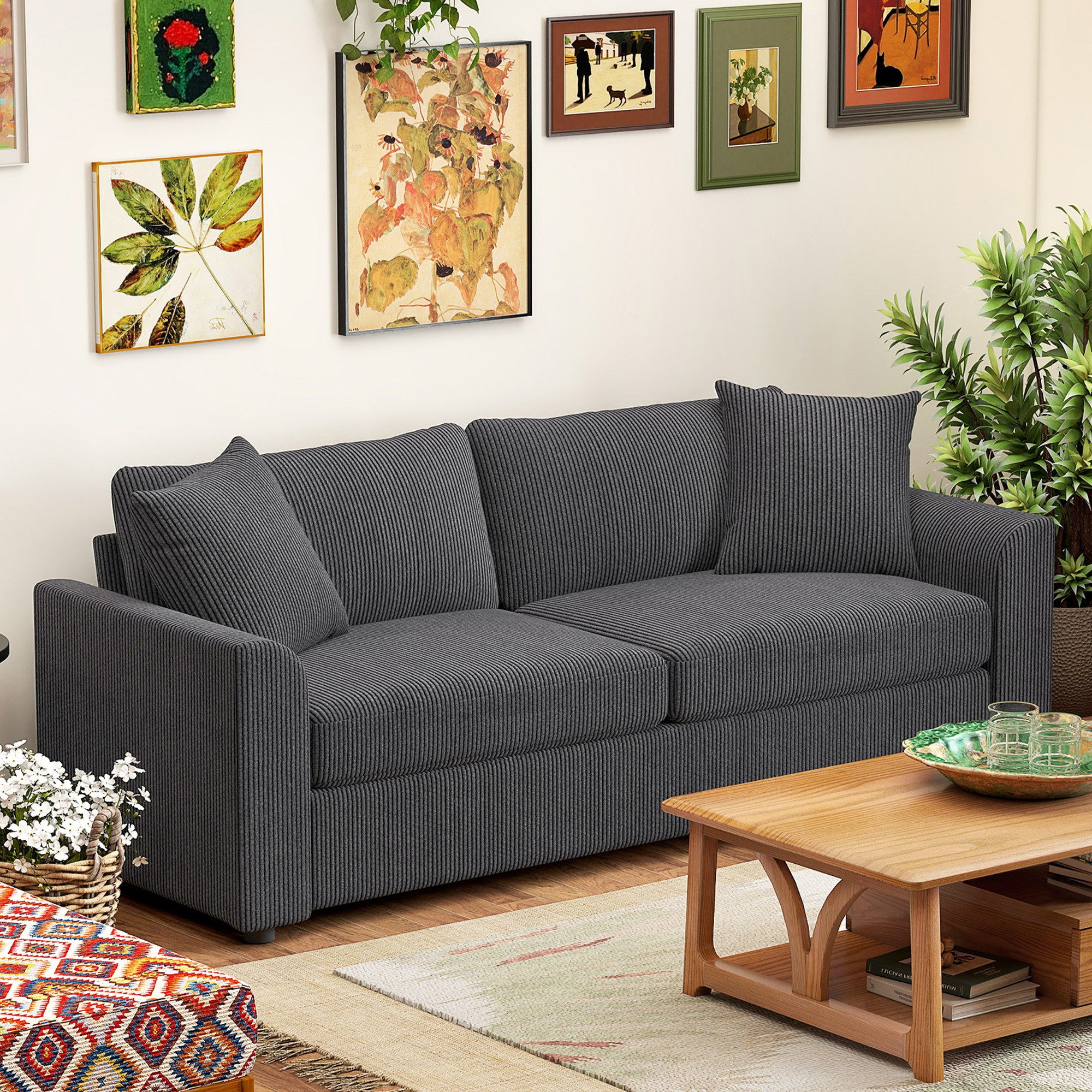 HOMCOM 3-Sitzer Sofa, mit Armlehnen, Zierkissen, Polstersofa mit Cordbezug, Couch 1 Teile, für Wohnzimmer, Schlafzimmer, Dunkelgrau