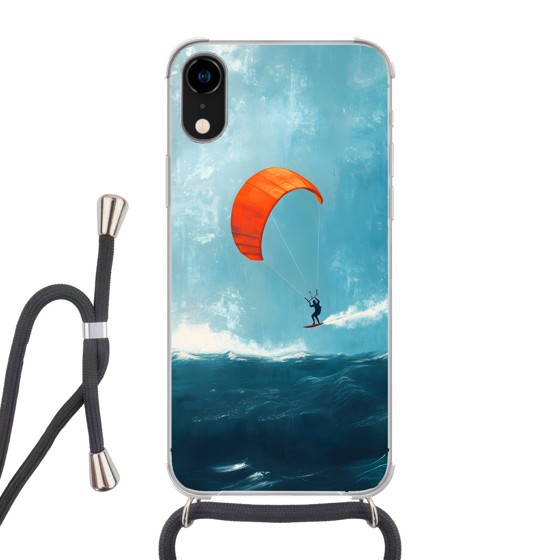 MuchoWow Handyhülle für Apple iPhone XR Kitesurfer - Orange - Meer - Himmel, Tragbare Handyhüllen mit Kette zum umhängen, Handykette Handyband