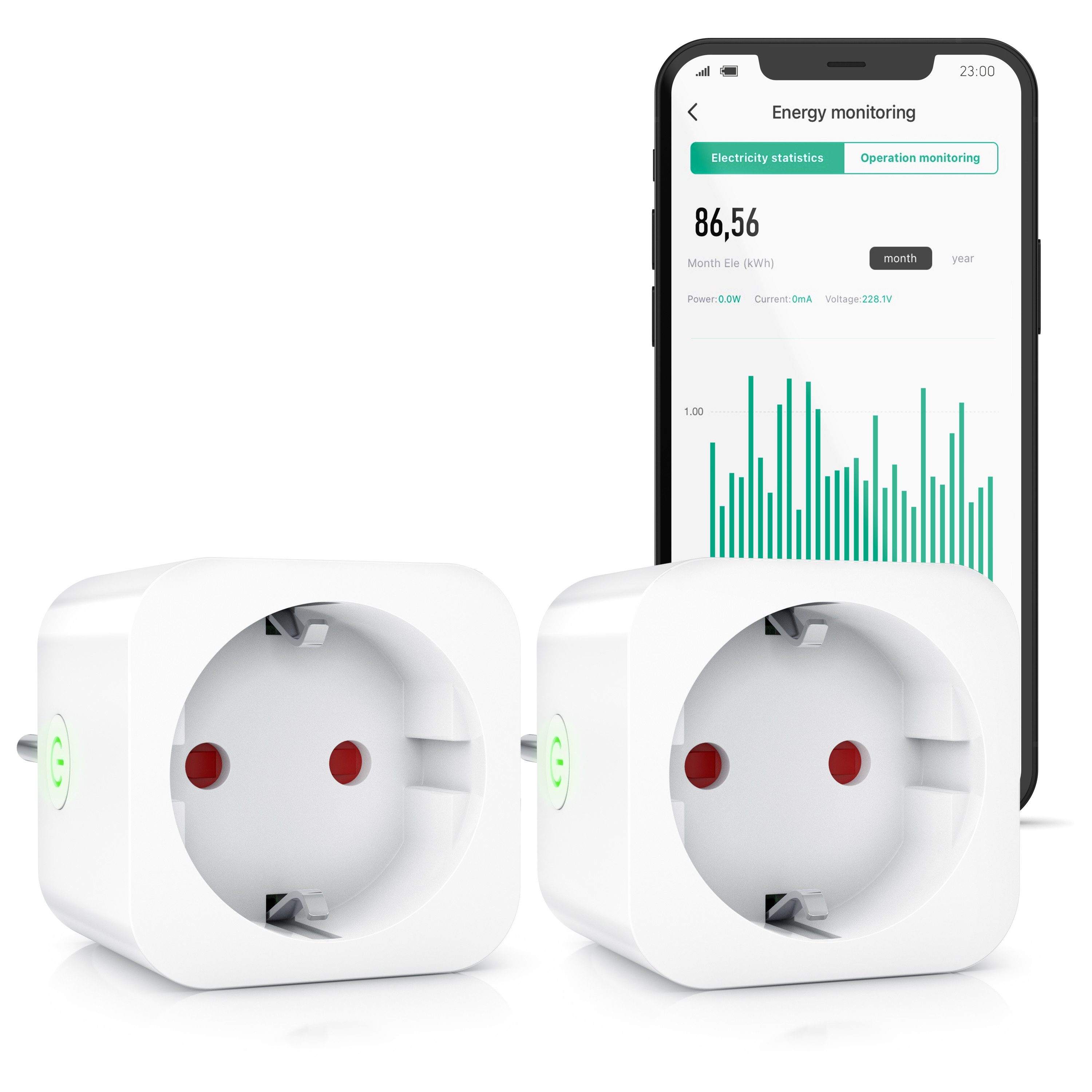 BEARWARE WLAN-Steckdose mit Strommessung, 2,4Ghz WiFi Fernsteuerung per App, Sprachsteuerung, Spar-Set, 2-St., 2er Set, Zeitschaltuhr, Energiekostenmessgerät, Smart life App, Timer