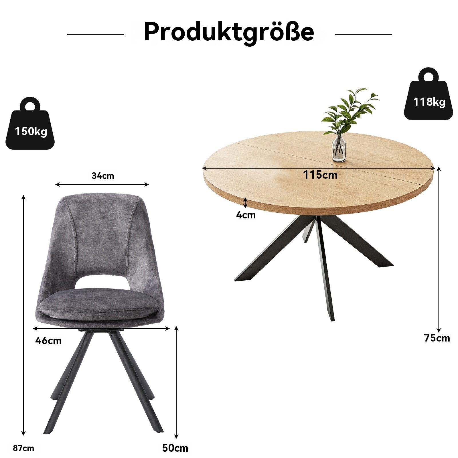 Jiexi Essgruppe Tisch- und Stuhlset, Runder Esstisch (115×75 cm) mit 4 Stühlen