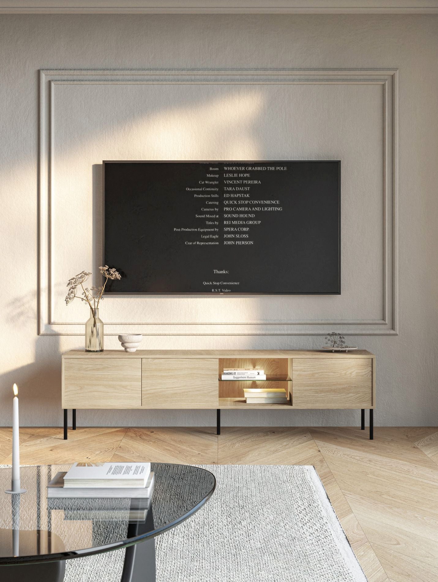 Selsey TV-Schrank MODITY TV-Möbel 3-türig mit Push-to-Open, Glasablage & LED-Licht, 175 cm