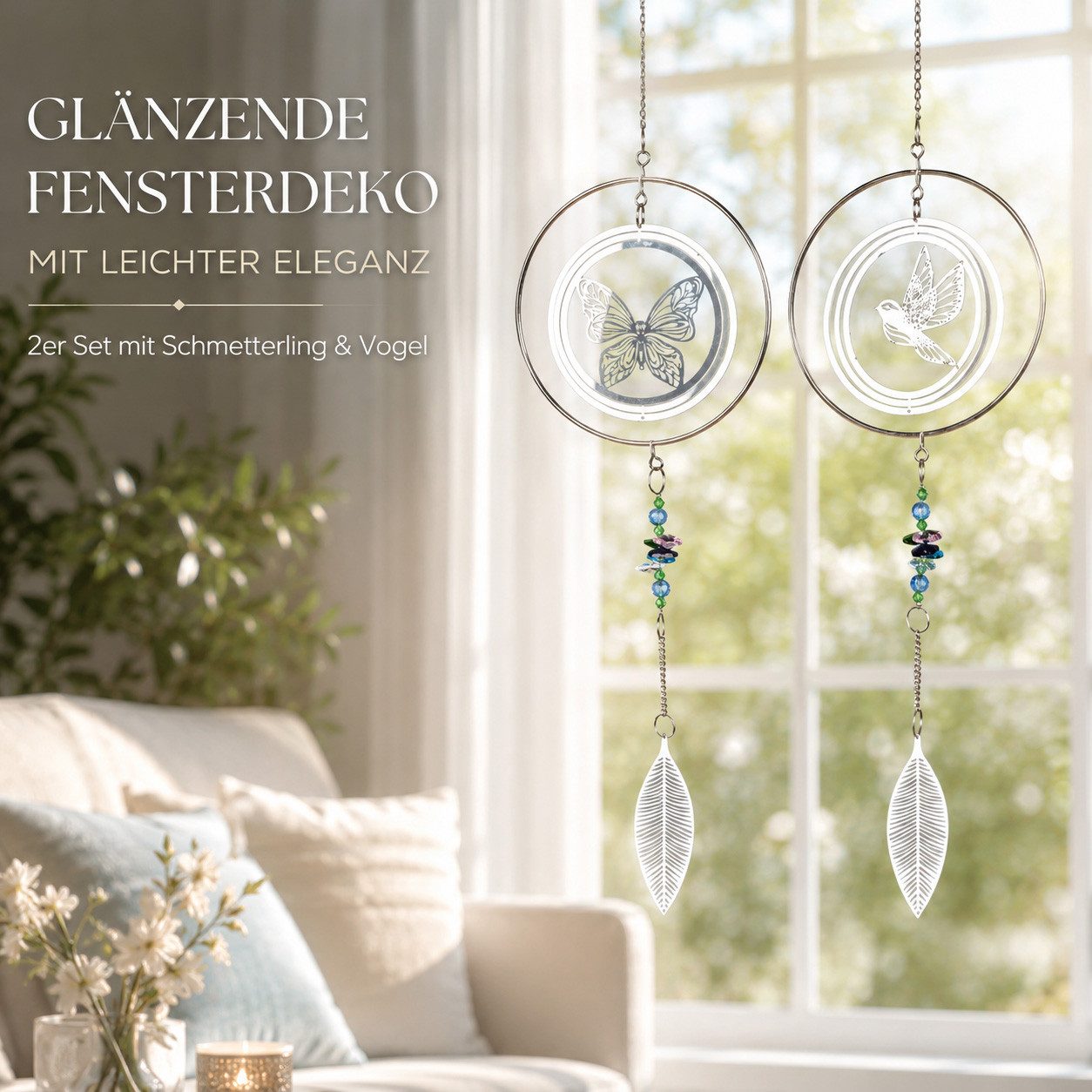 formano Dekohänger 2er Set Fensterdeko Edelstahl Kreis Hänger mit Schmetterling & Vogel (2-er Set)