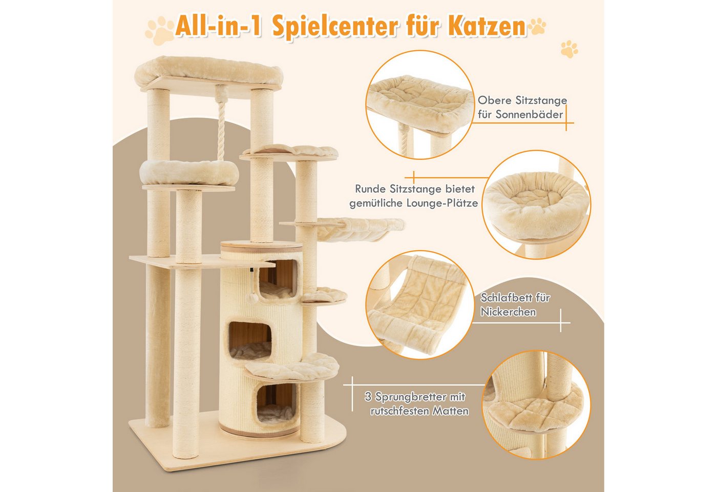 Thumbnail - KOMFOTTEU Kratzbaum, aus Holz mit Sitzfläche Oben, 3-stöckiger Katzenhöhle