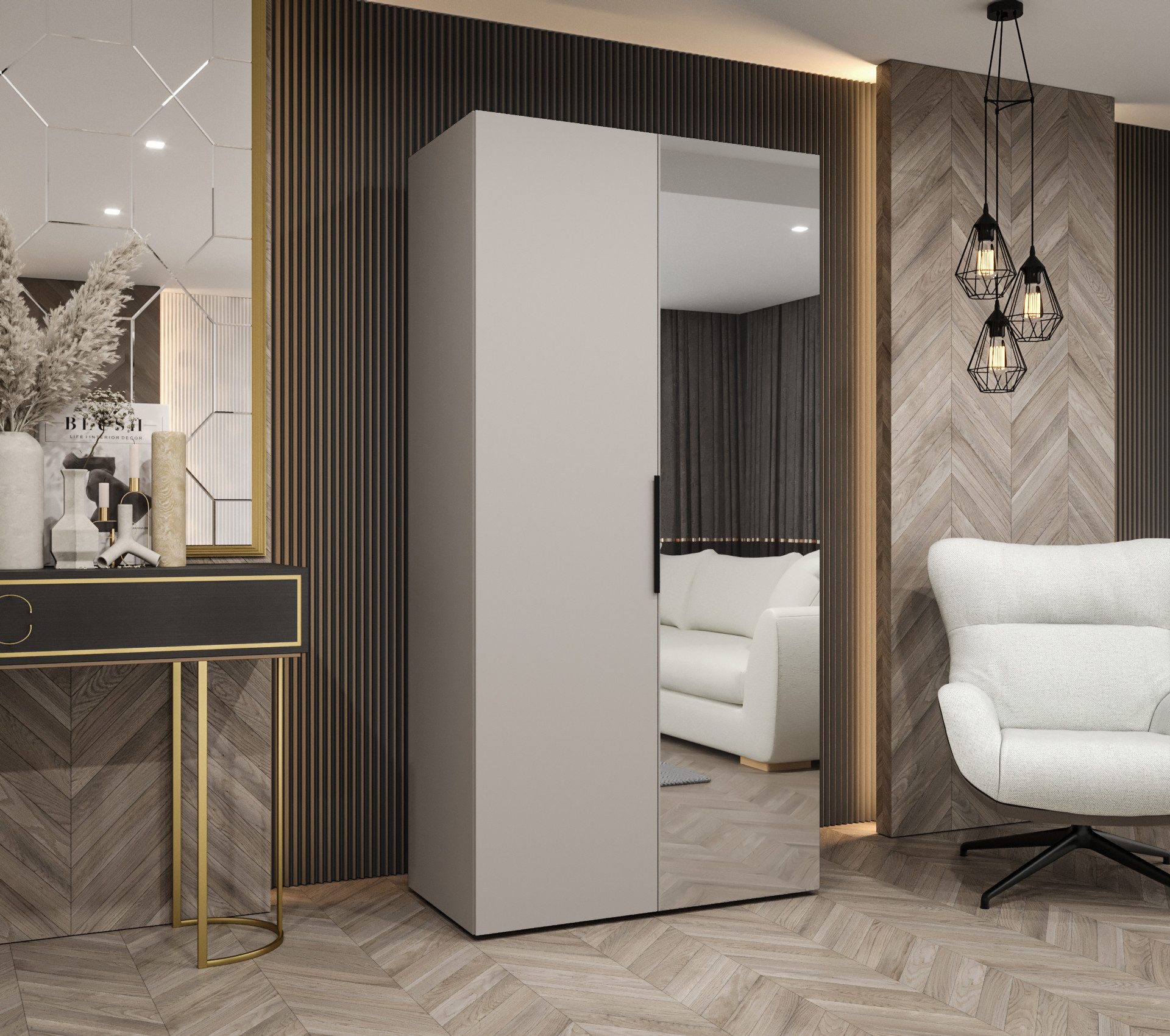 MOEBLO Drehtürenschrank SOLENA 2 (mit Spiegel – Moderner Kleiderschrank mit Soft-Close, Einlegeböden & Kleiderstange, verschiedene Breiten & Farben, Schrank Garderobe Schlafzimmer Drehtürenschrank) (BxHxT): 100/150/200/250/300x202x52 cm