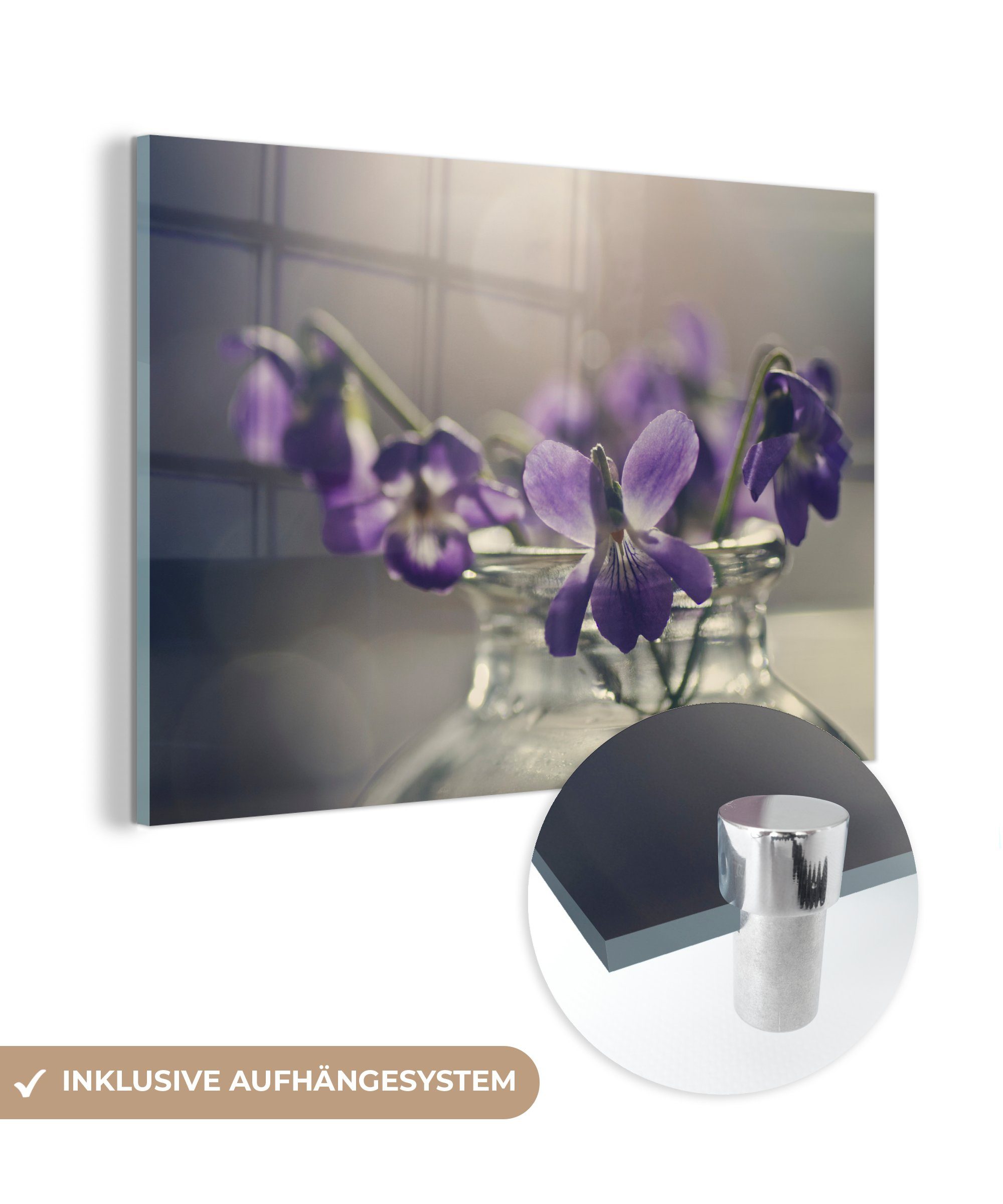 MuchoWow Acrylglasbild Lila Veilchen in einer Glasvase, (1 St), Acrylglasbilder Wohnzimmer & Schlafzimmer | Bilder