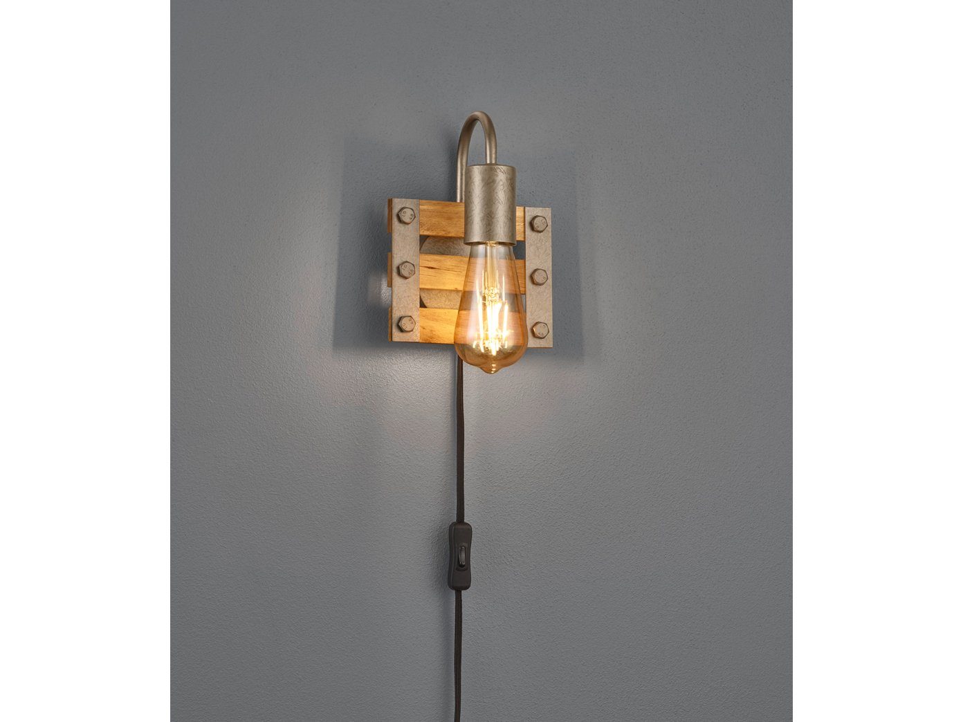 Industrial Holz-lampe Vintage Stecker meineWunschleuchte Warmweiß, LED rustikal LED mit H Schalter wechselbar, und 20cm Wandleuchte,