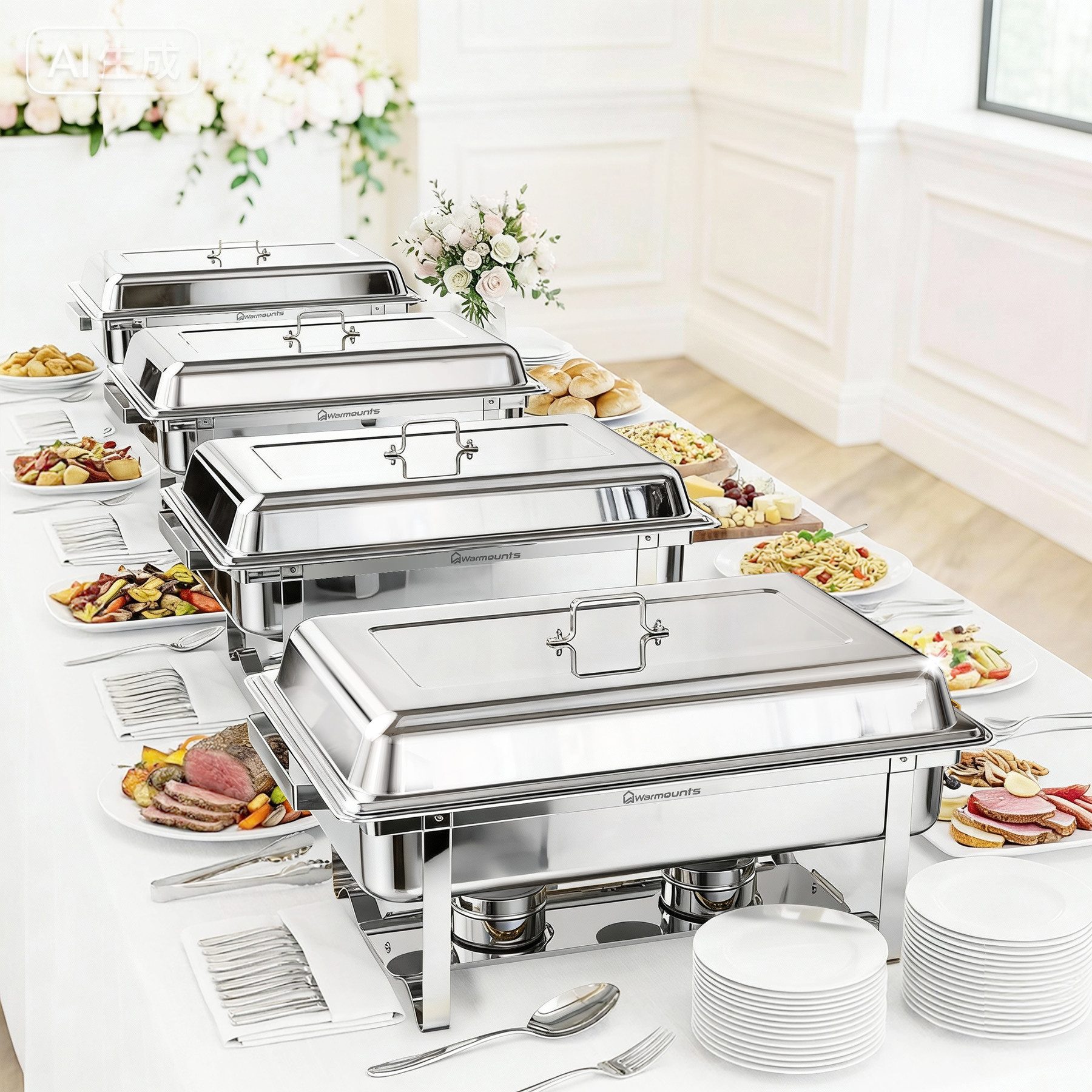 Warmounts Speisenwärmer, (4-tlg., 10L Buffetwärmer Chafing Dish Buffet Warmhalter-Set 11 QT Edelstahl), GN 1/1, stapelbar, mit Deckelhalter für Catering, Party, Events