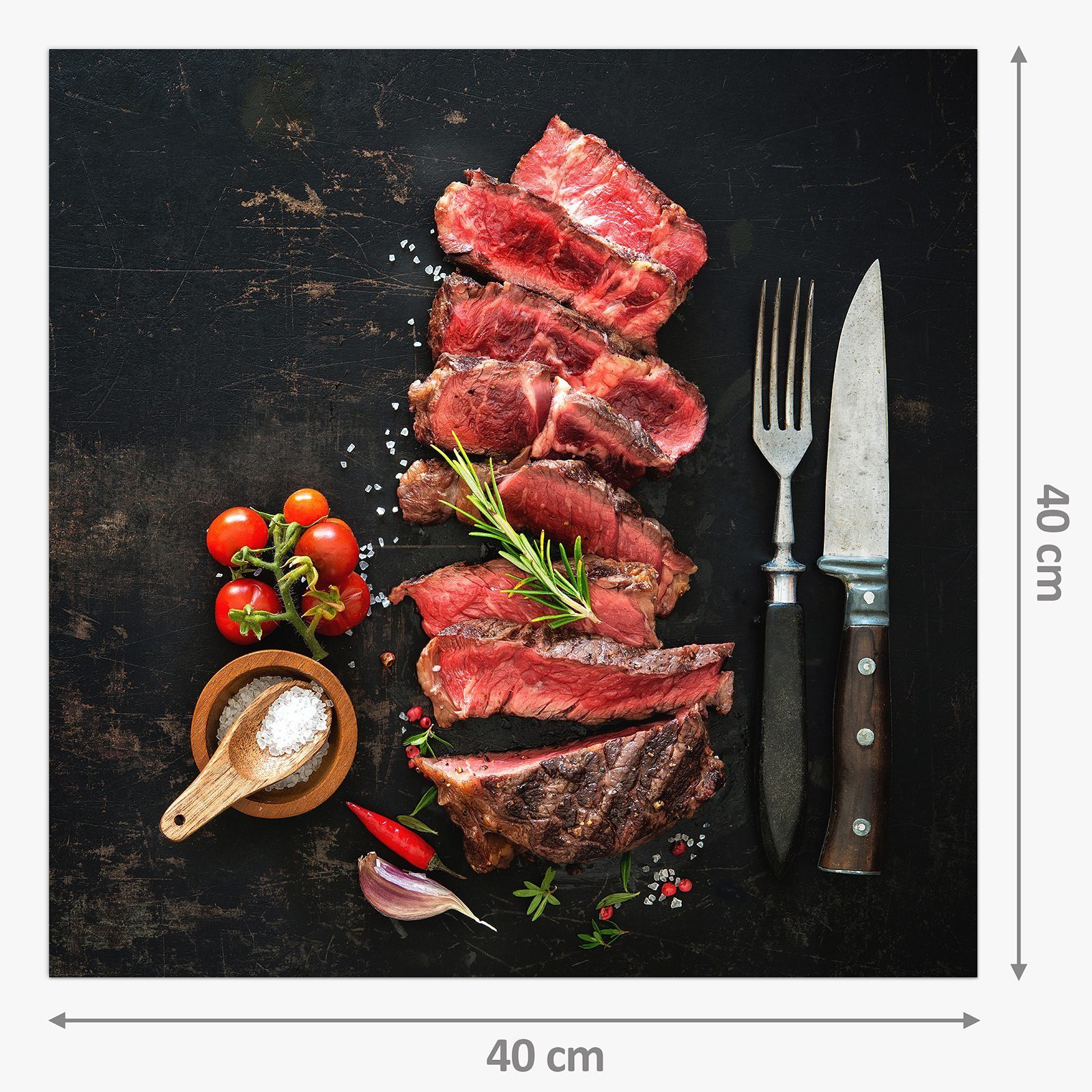 Primedeco Küchenrückwand Spritzschutz auf mit Küchenrückwand Glas Motiv Steak Ribeye Platte