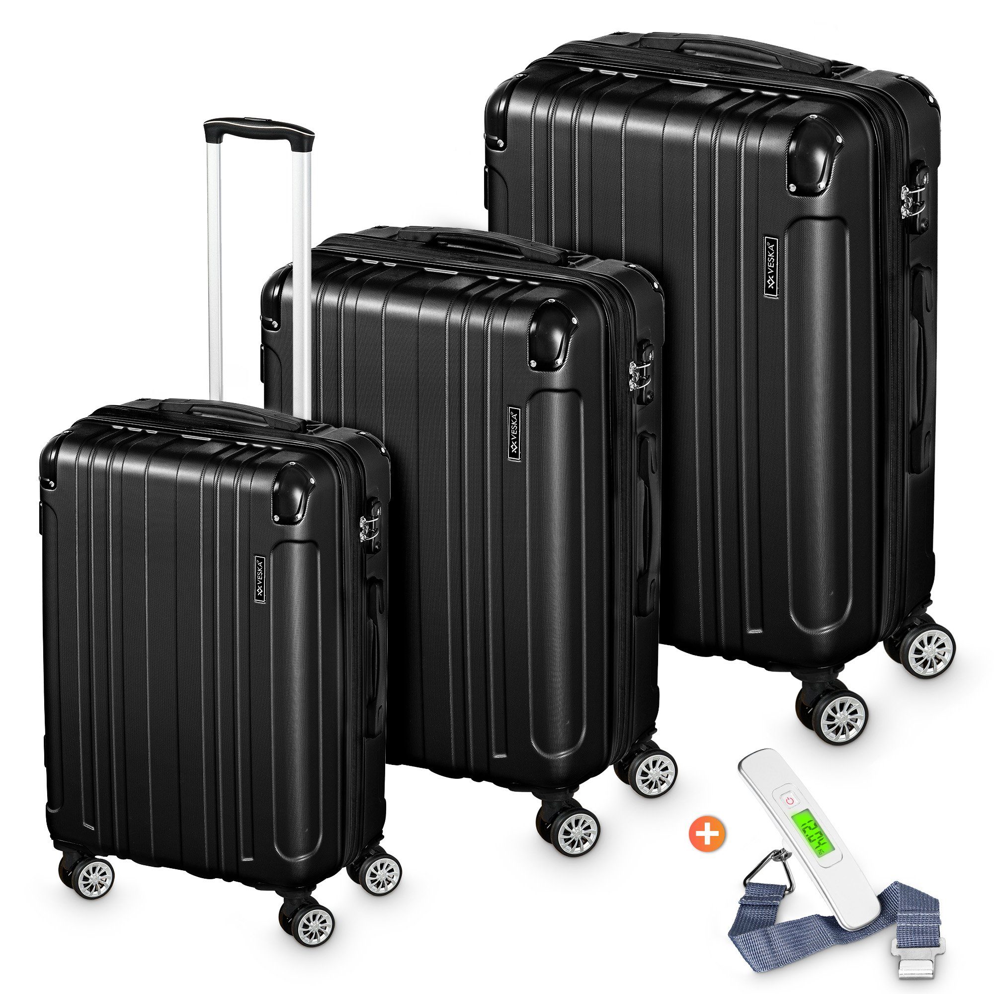 VESKA Trolleyset Hartschalenkoffer Kofferset 3 teilig mit TSA Zahlenschloss 4 Rollen, ABS-Hartschale, Reisekoffer Trolley Rollkoffer Koffer schwarz