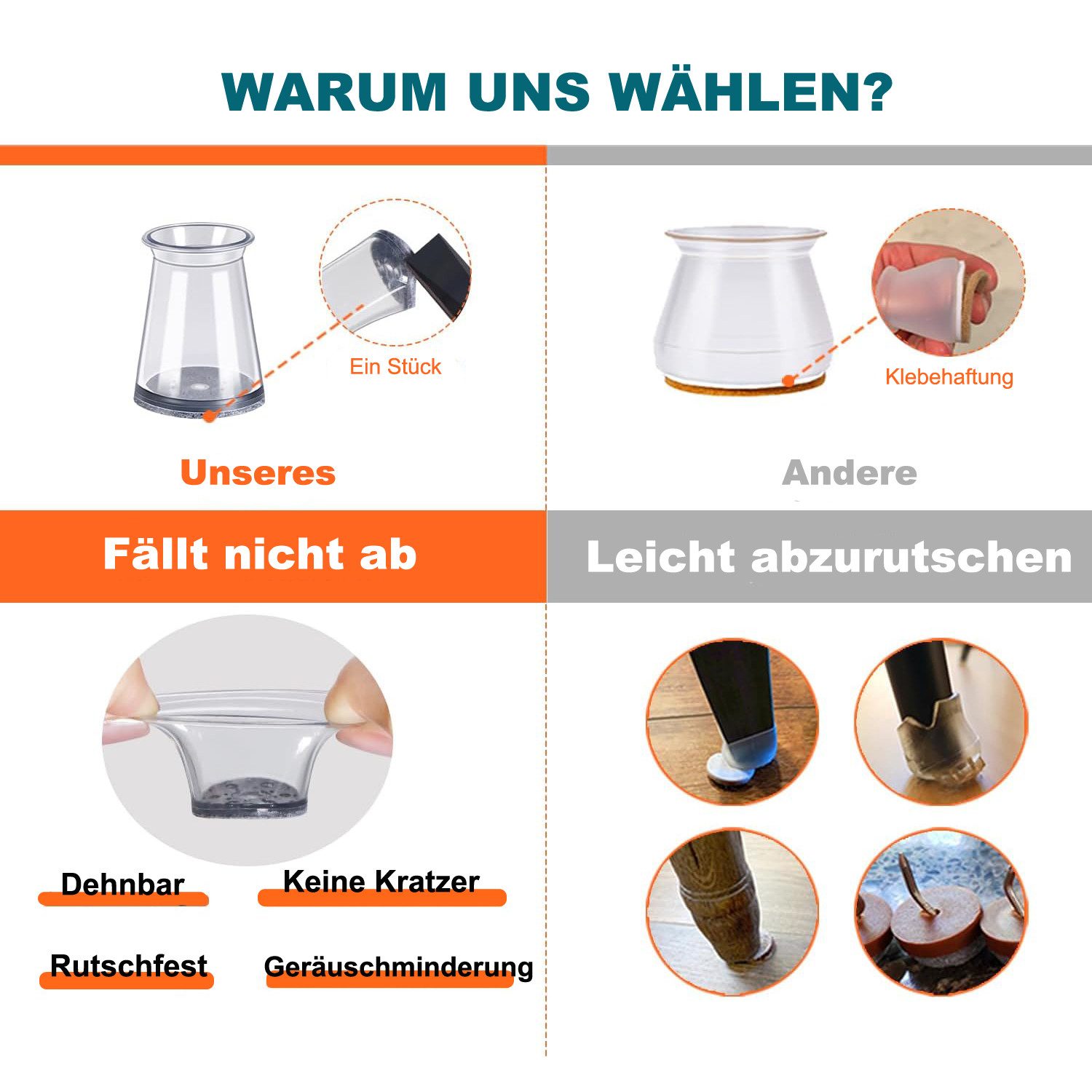 Agger Stuhlsocke 32 Stück Stuhlbein-Kappen, Silikon Schutzkappen mit Filz, (32 St), Stuhlbeinschoner, Kratzschutz für Boden