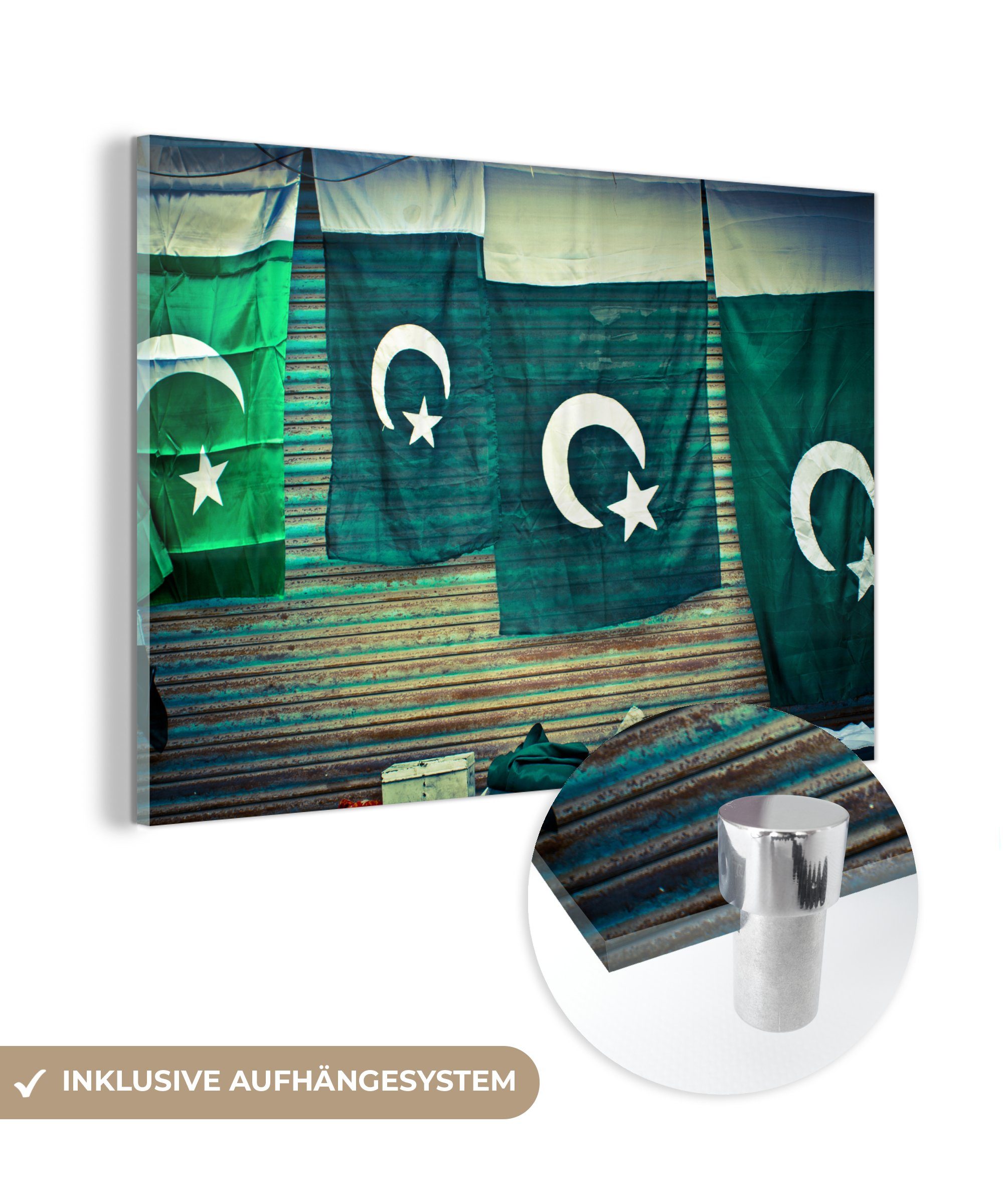 MuchoWow Acrylglasbild Pakistanische Flaggen hängen & an St), (1 der Schlafzimmer Wohnzimmer Acrylglasbilder Wand